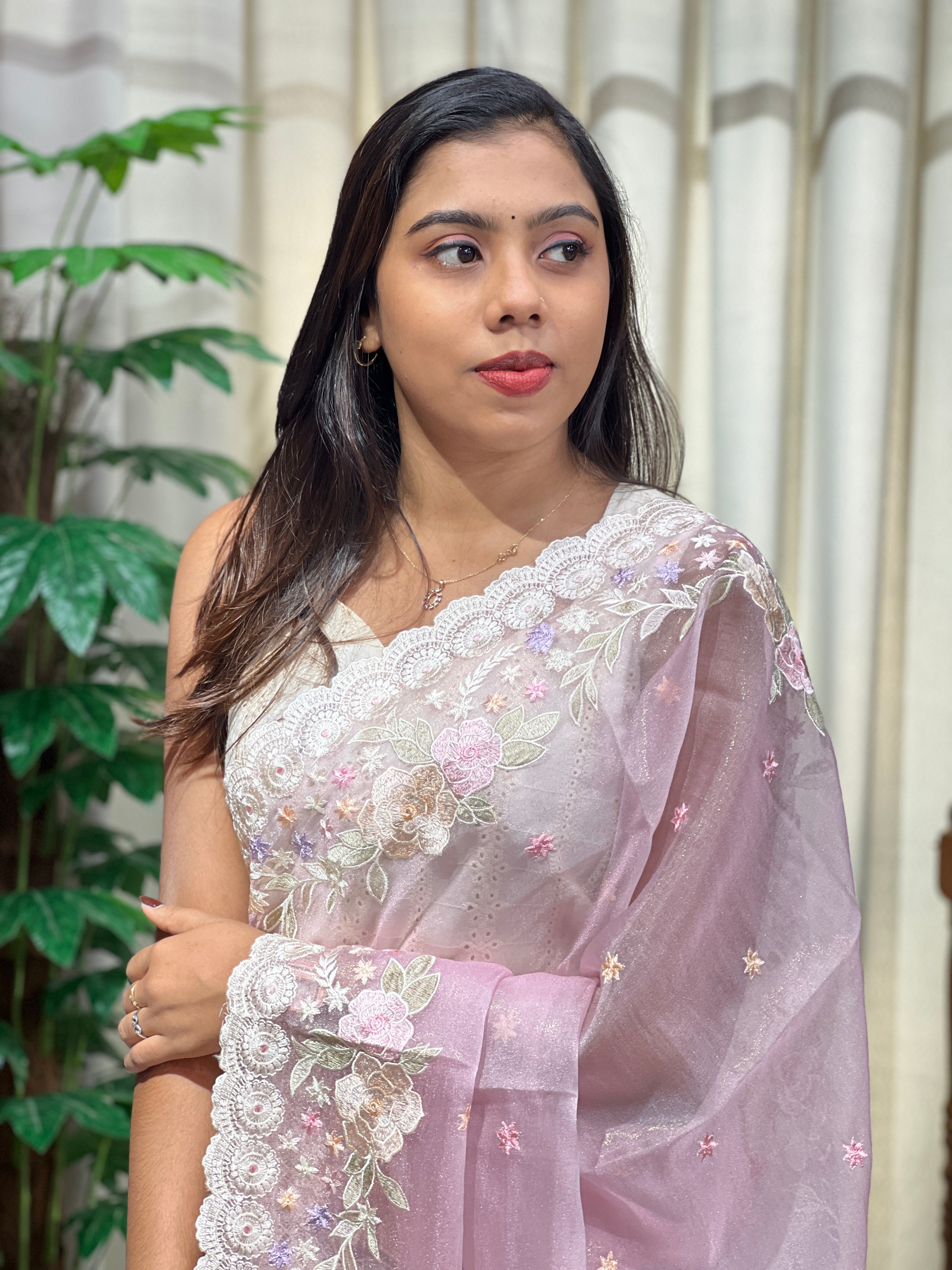 Floral Embroidery Detailed Crushed Shimmer Organza Saree | BLD2148