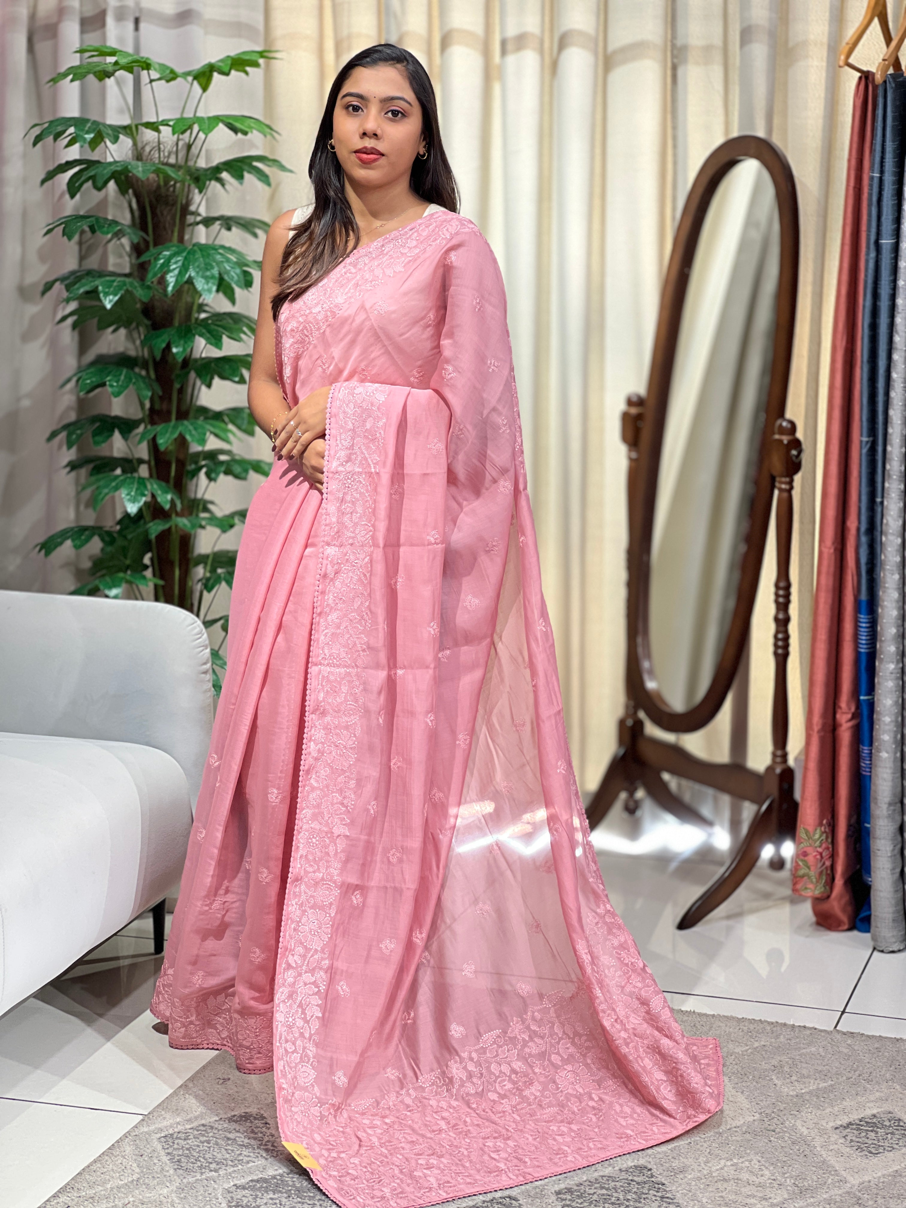 Lucknowi Inspired Embroidered Viscose Organza Saree | BLD2145