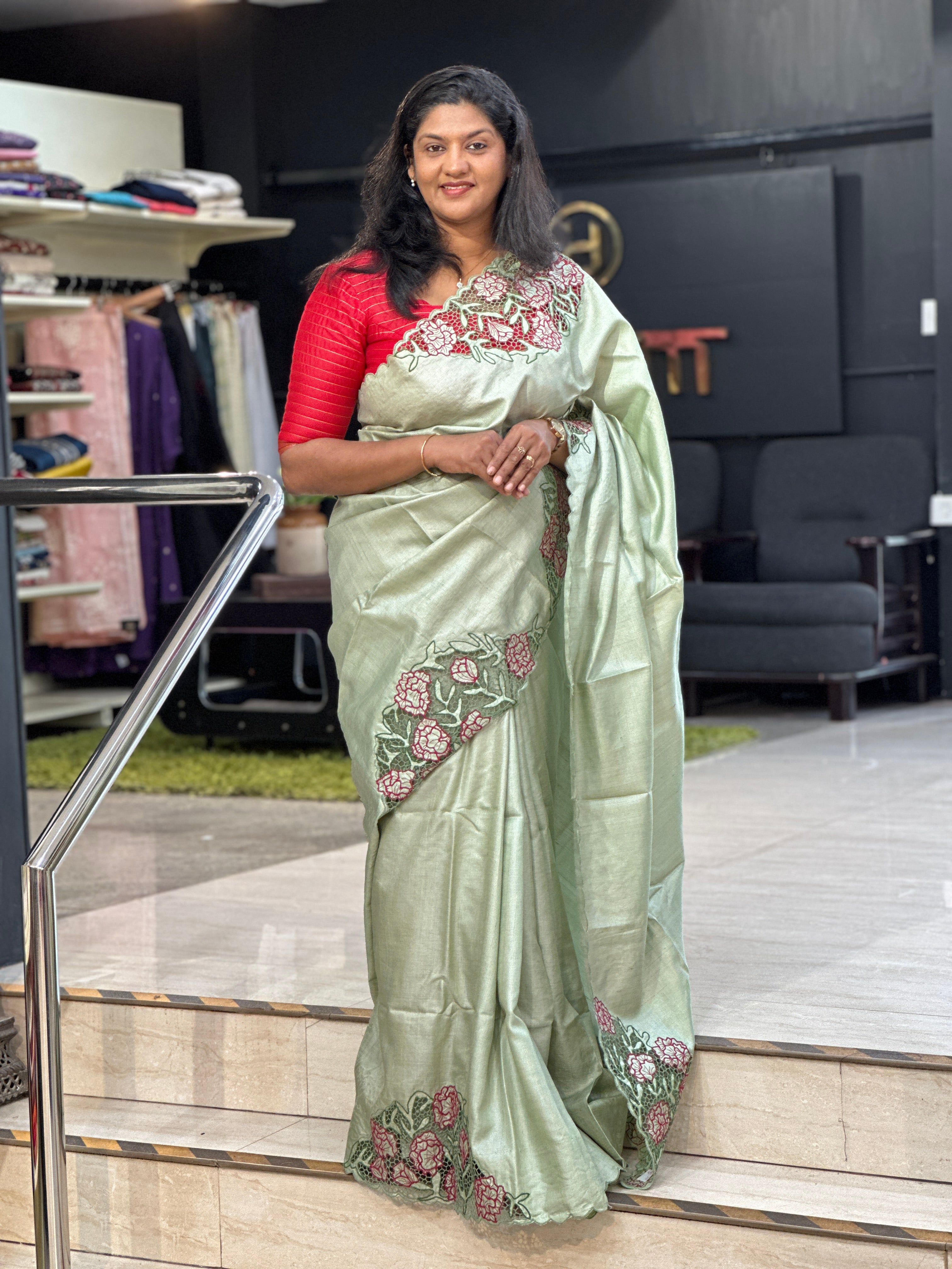 Foral Embroidered Desi Tussar Twine Cut Work Saree |TC491