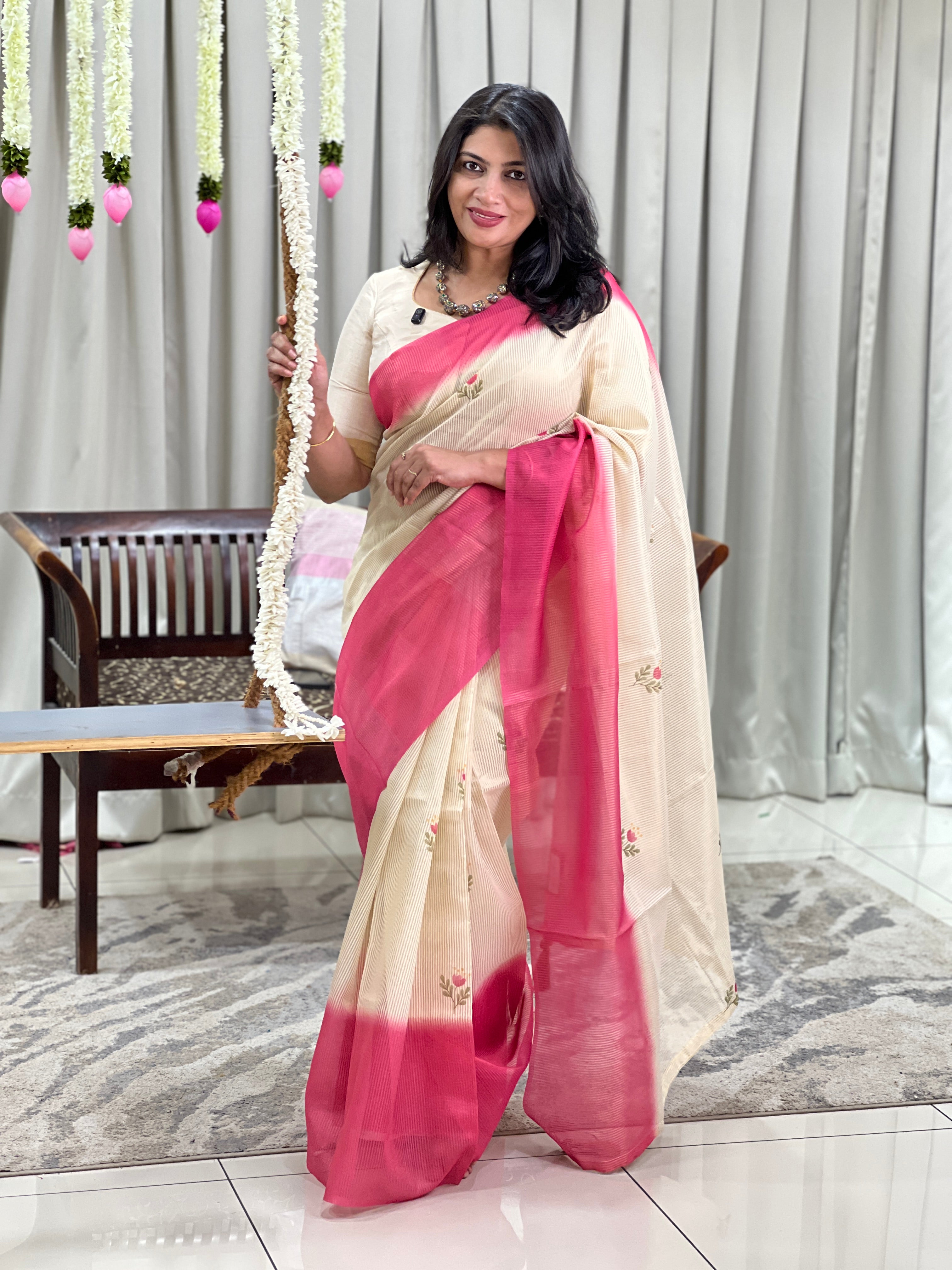 Tissue Woven Line Pattern Chanderi Saree | HT505