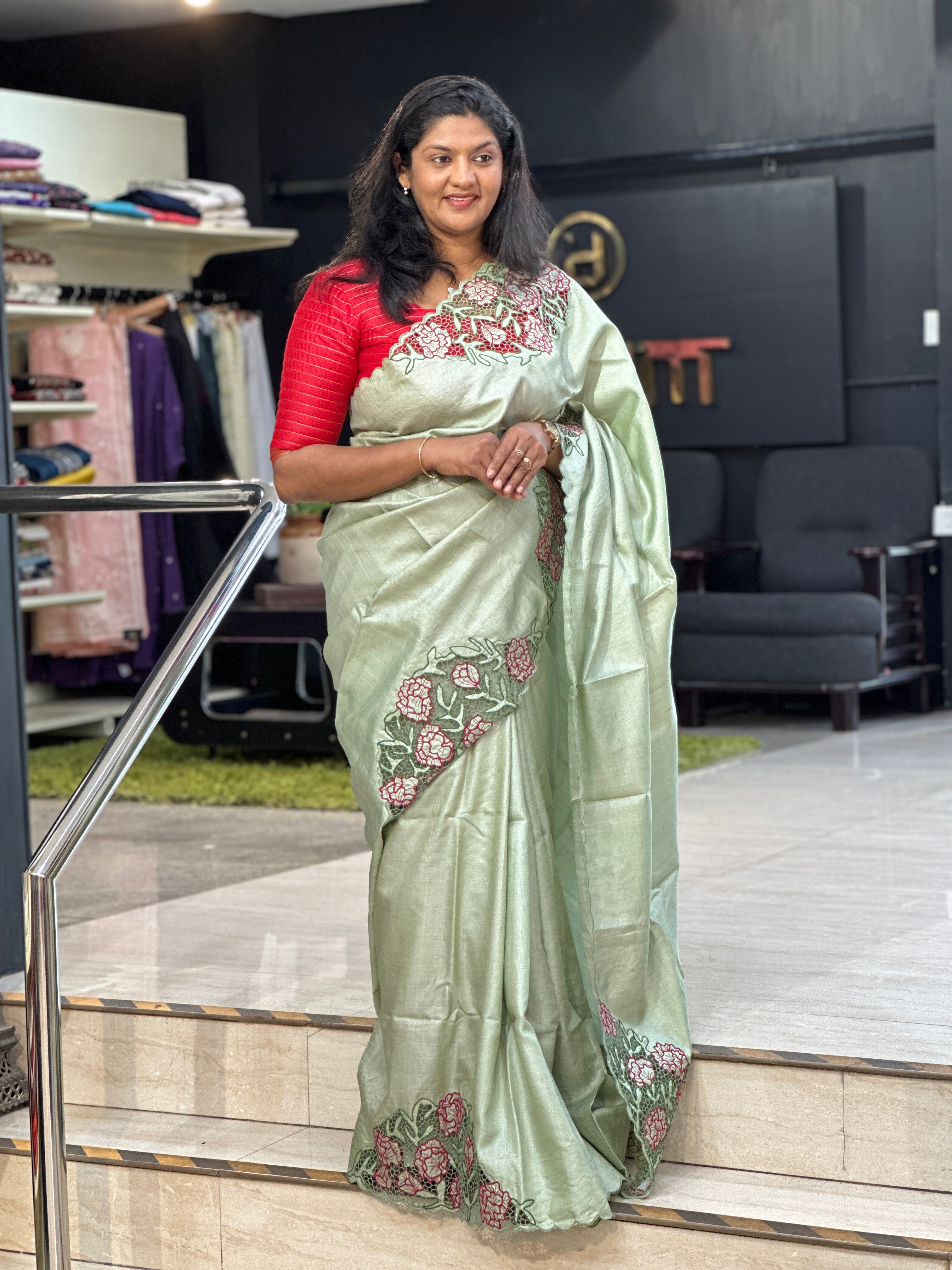 Foral Embroidered Desi Tussar Twine Cut Work Saree |TC491