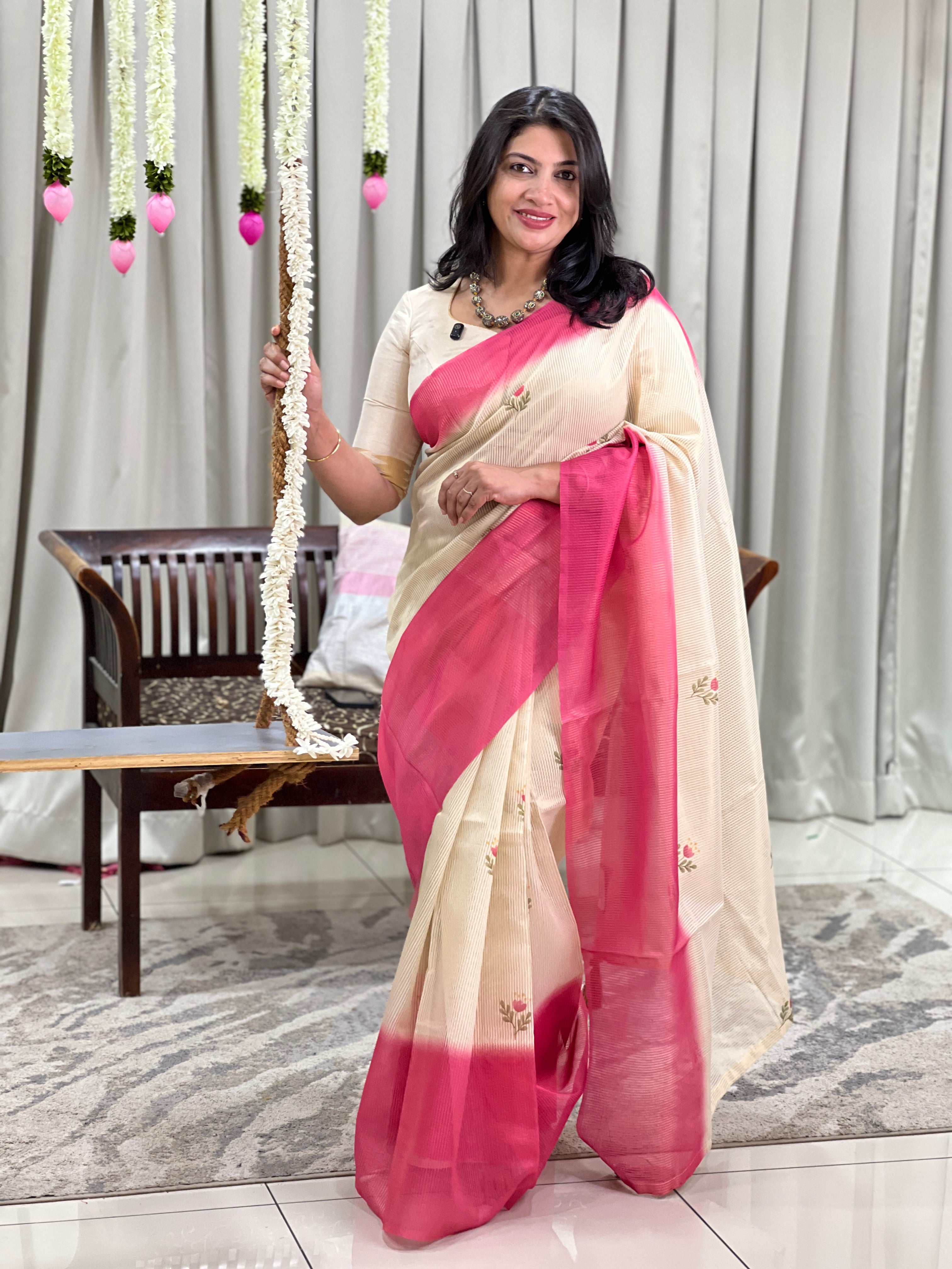 Tissue Woven Line Pattern Chanderi Saree | HT505
