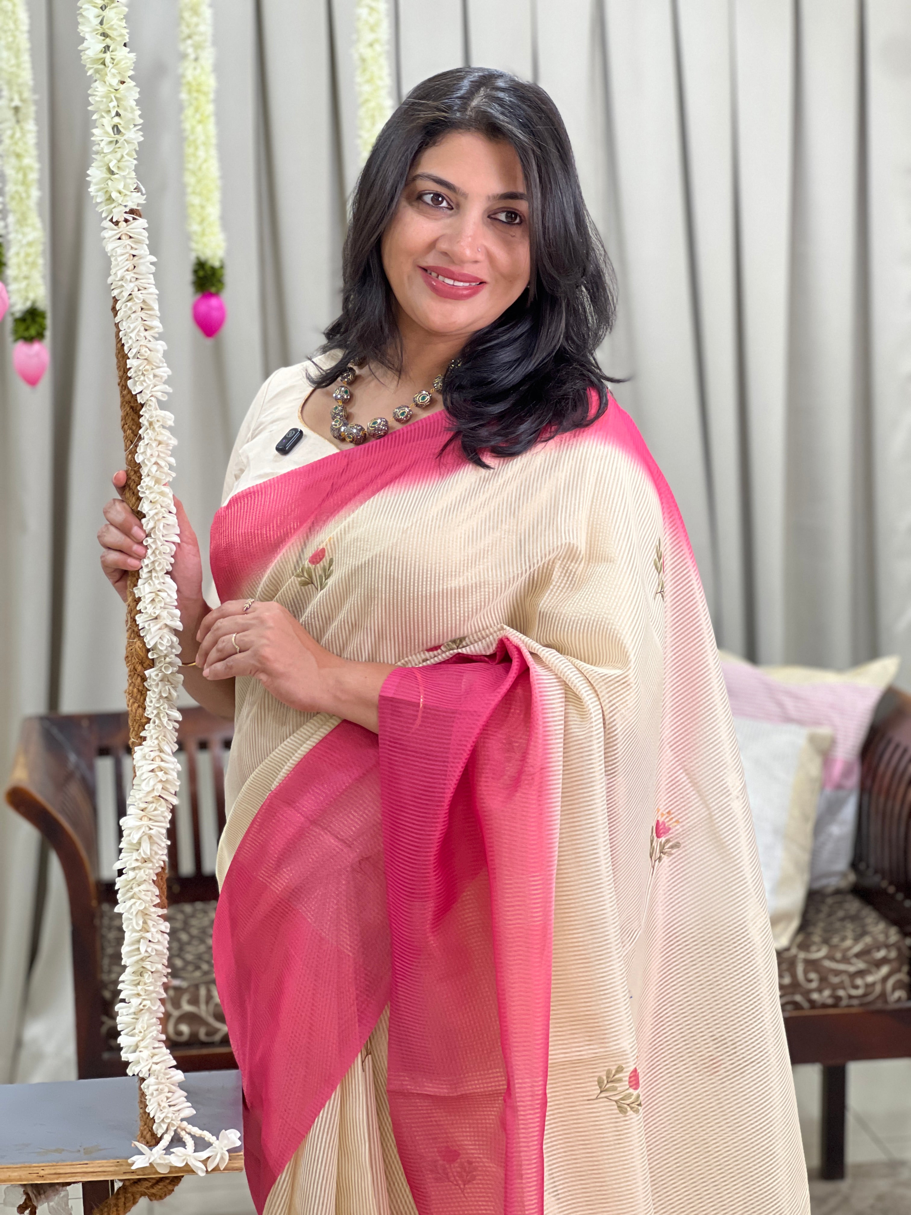 Tissue Woven Line Pattern Chanderi Saree | HT505