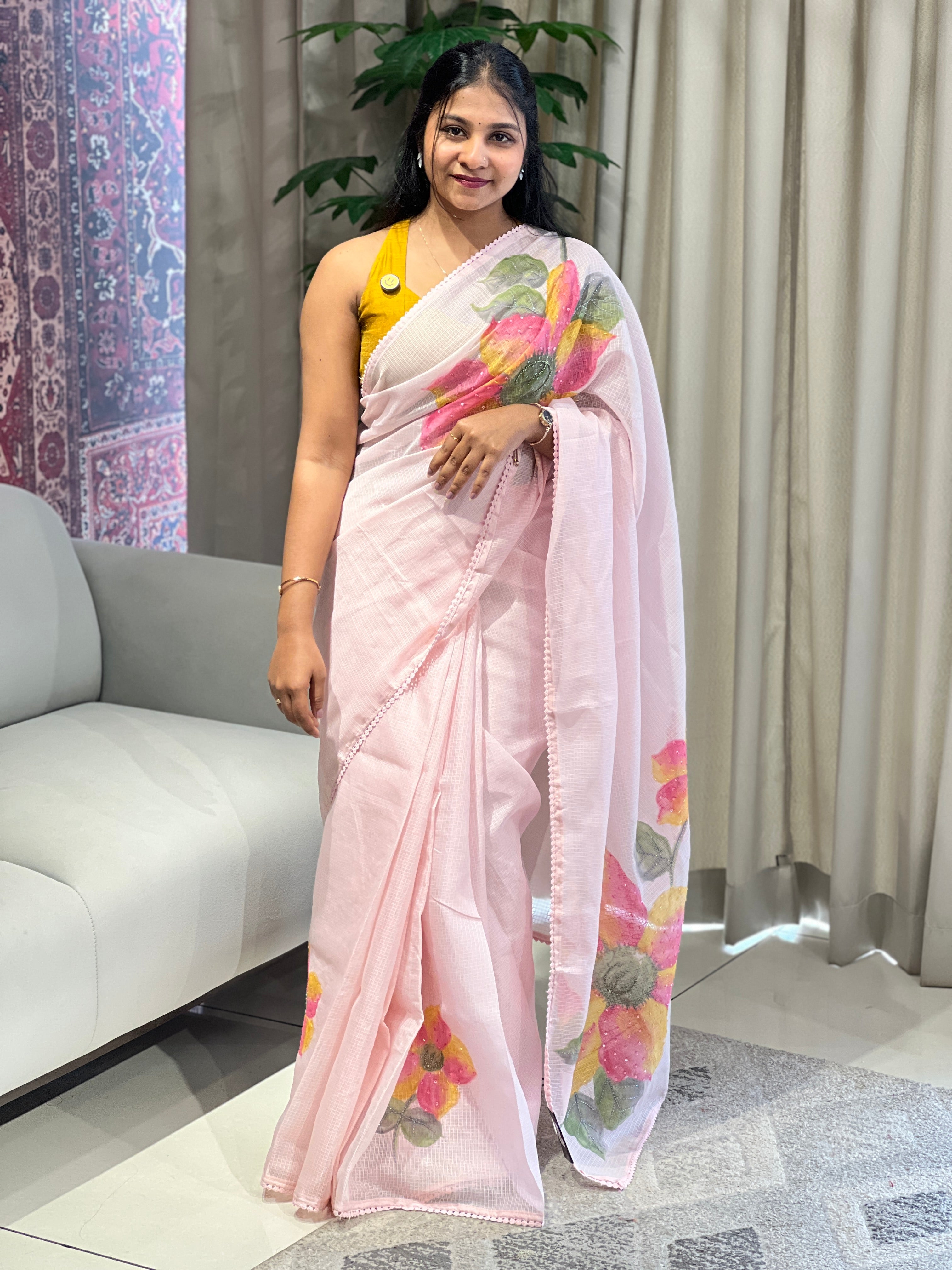 Floral Hand Paint With Beads Highlighted Silky Kota Saree | BLD1935