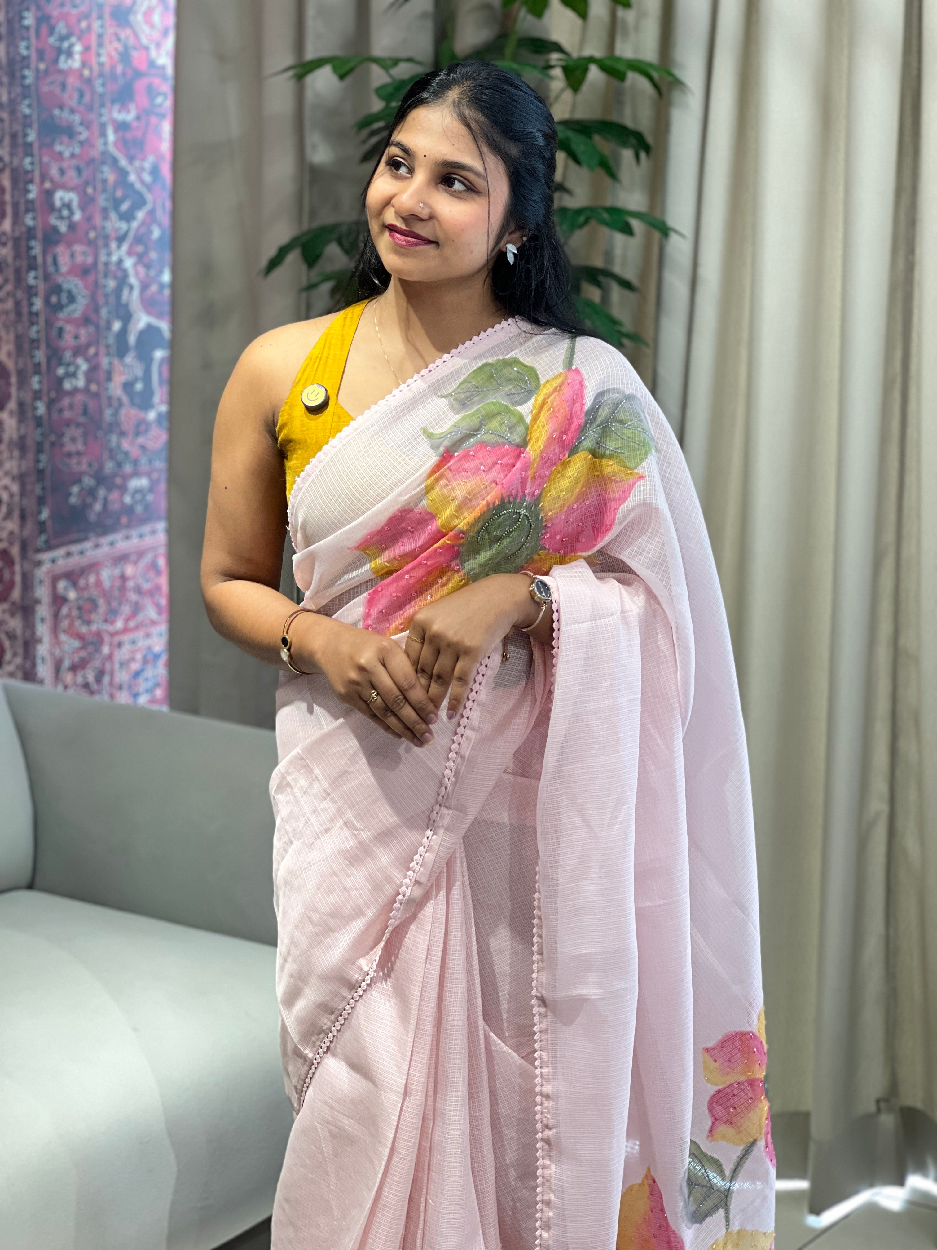 Floral Hand Paint With Beads Highlighted Silky Kota Saree | BLD1935