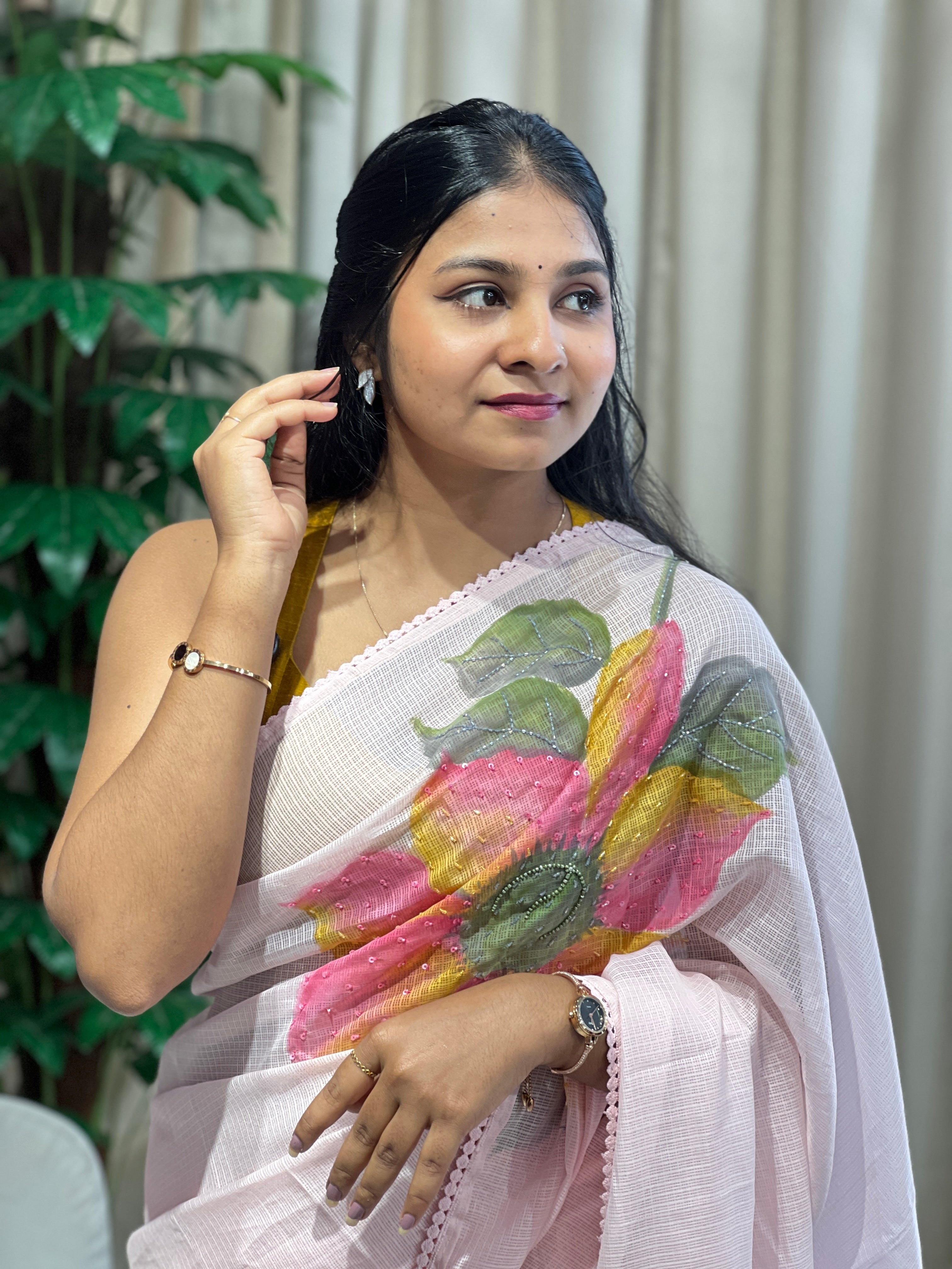 Floral Hand Paint With Beads Highlighted Silky Kota Saree | BLD1935