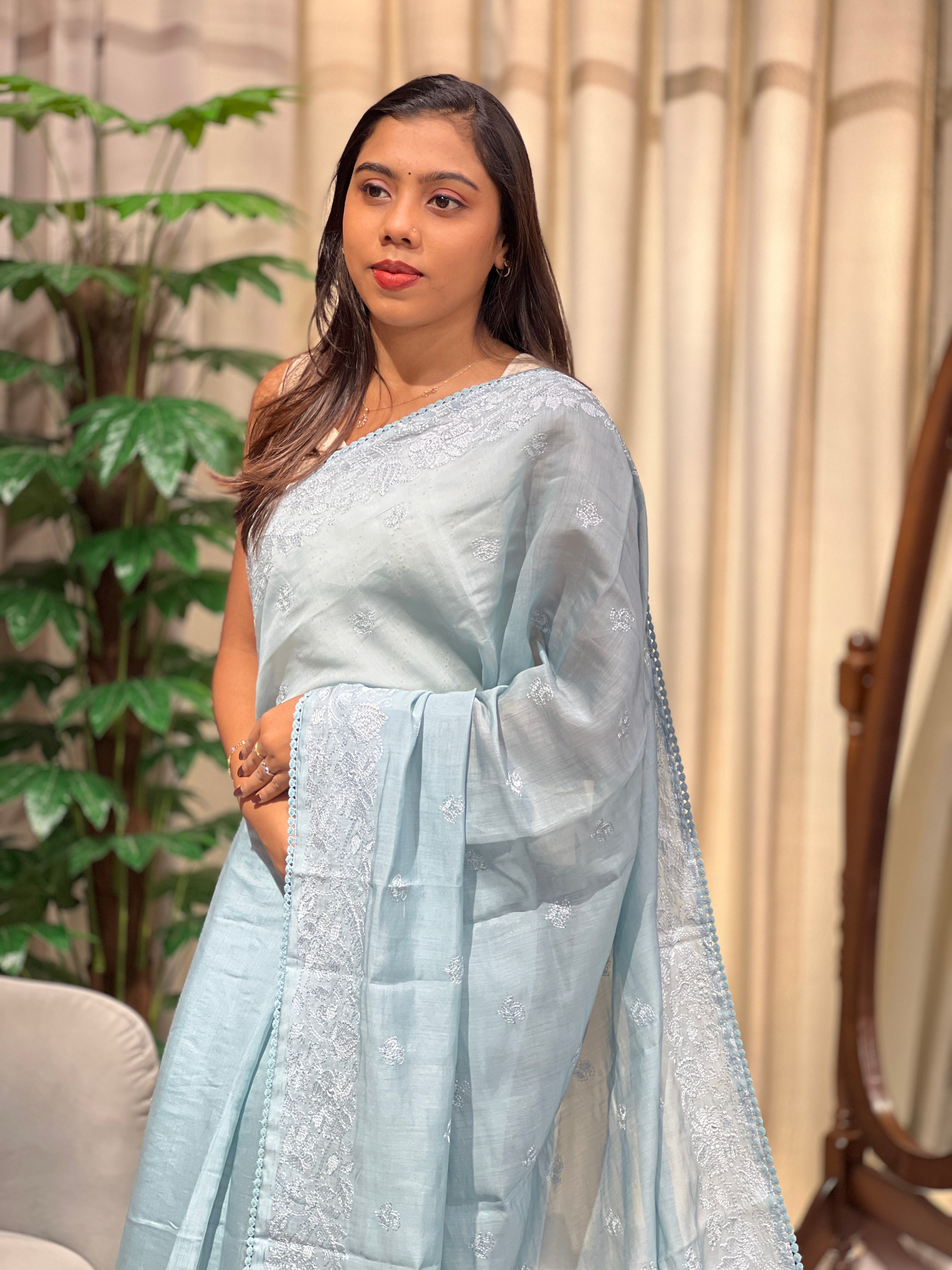 Lucknowi Inspired Embroidered Viscose Organza Saree | BLD2143