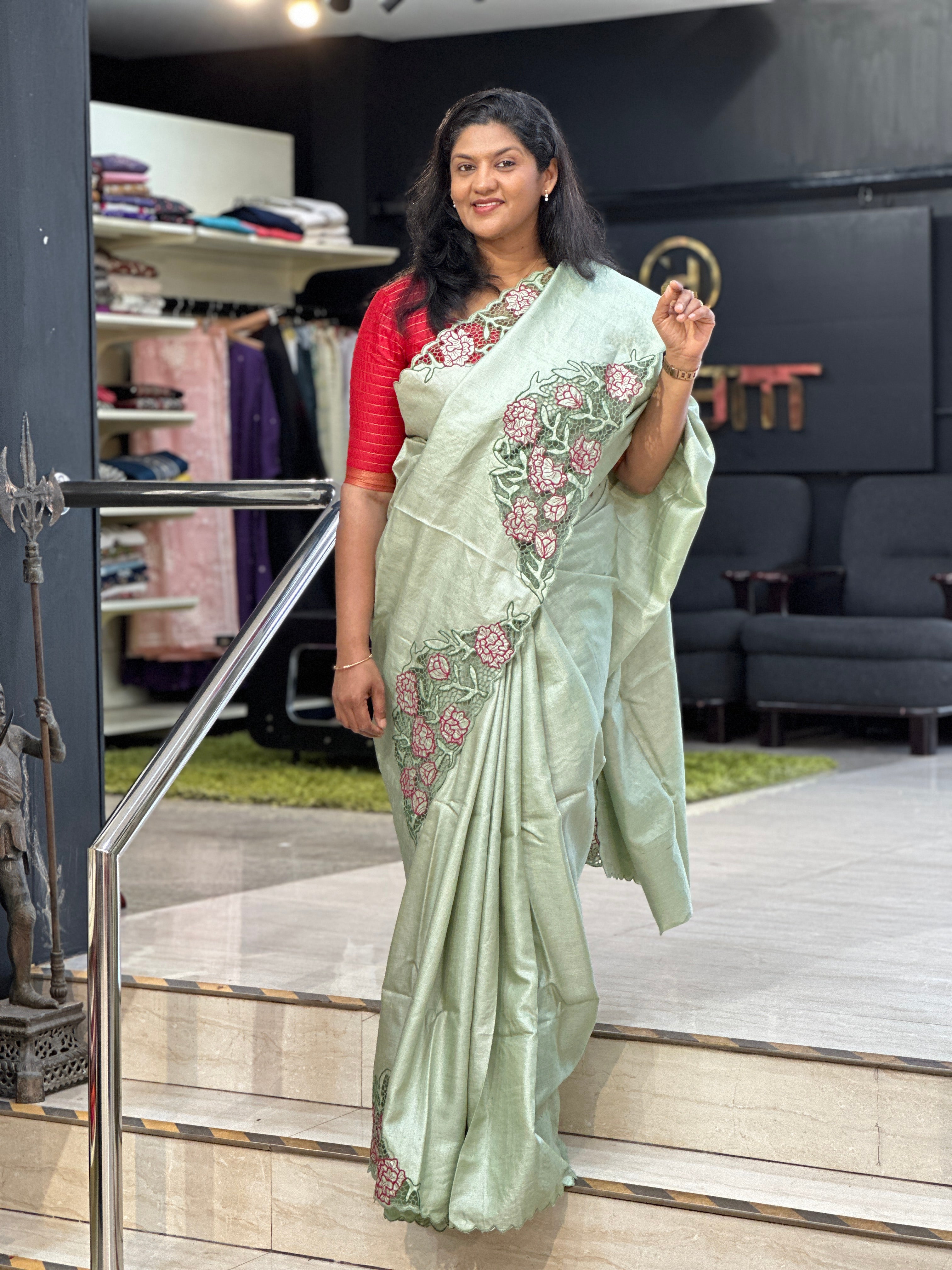 Foral Embroidered Desi Tussar Twine Cut Work Saree |TC491