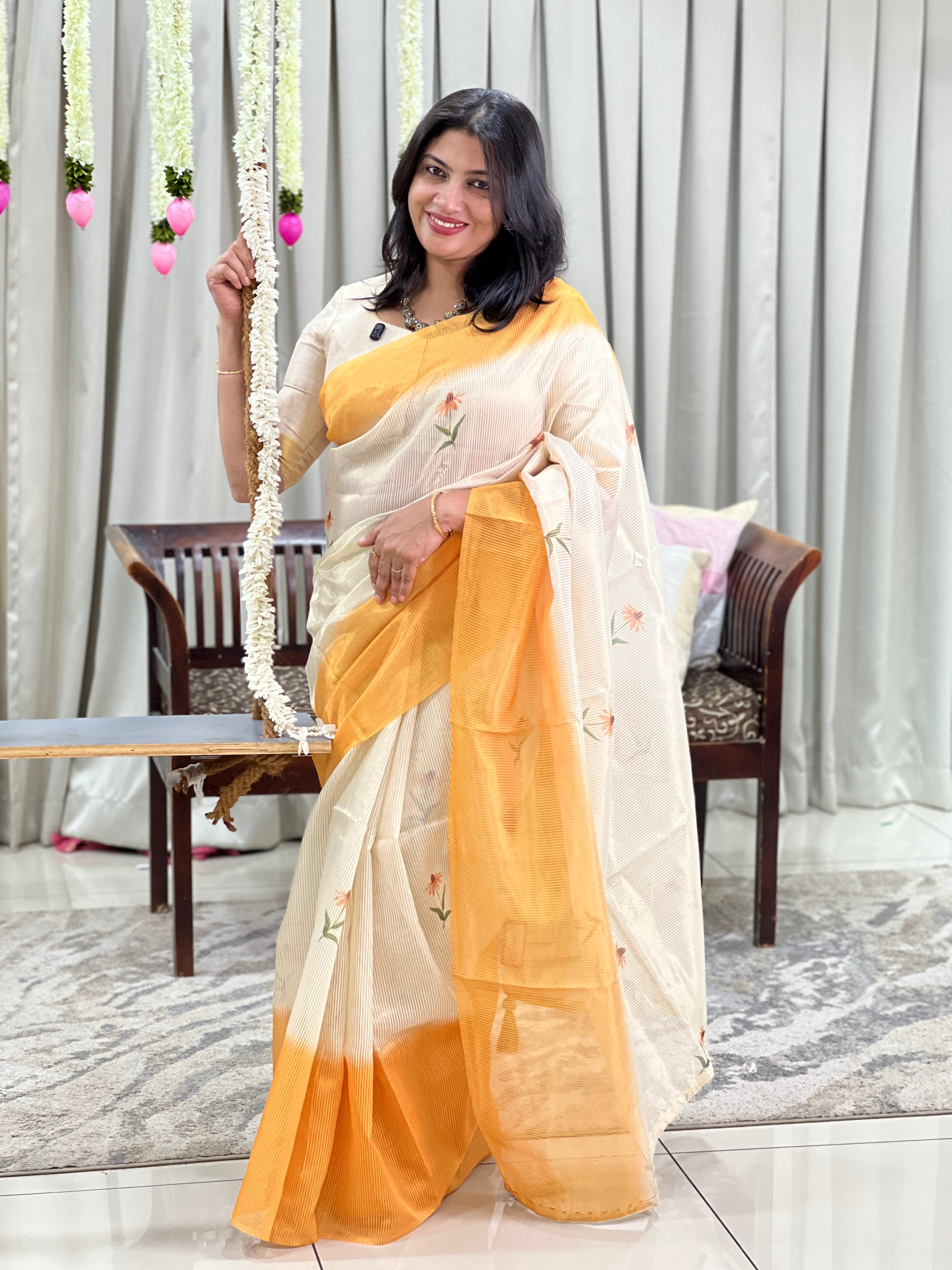 Tissue Woven Line Pattern Chanderi Saree | HT503