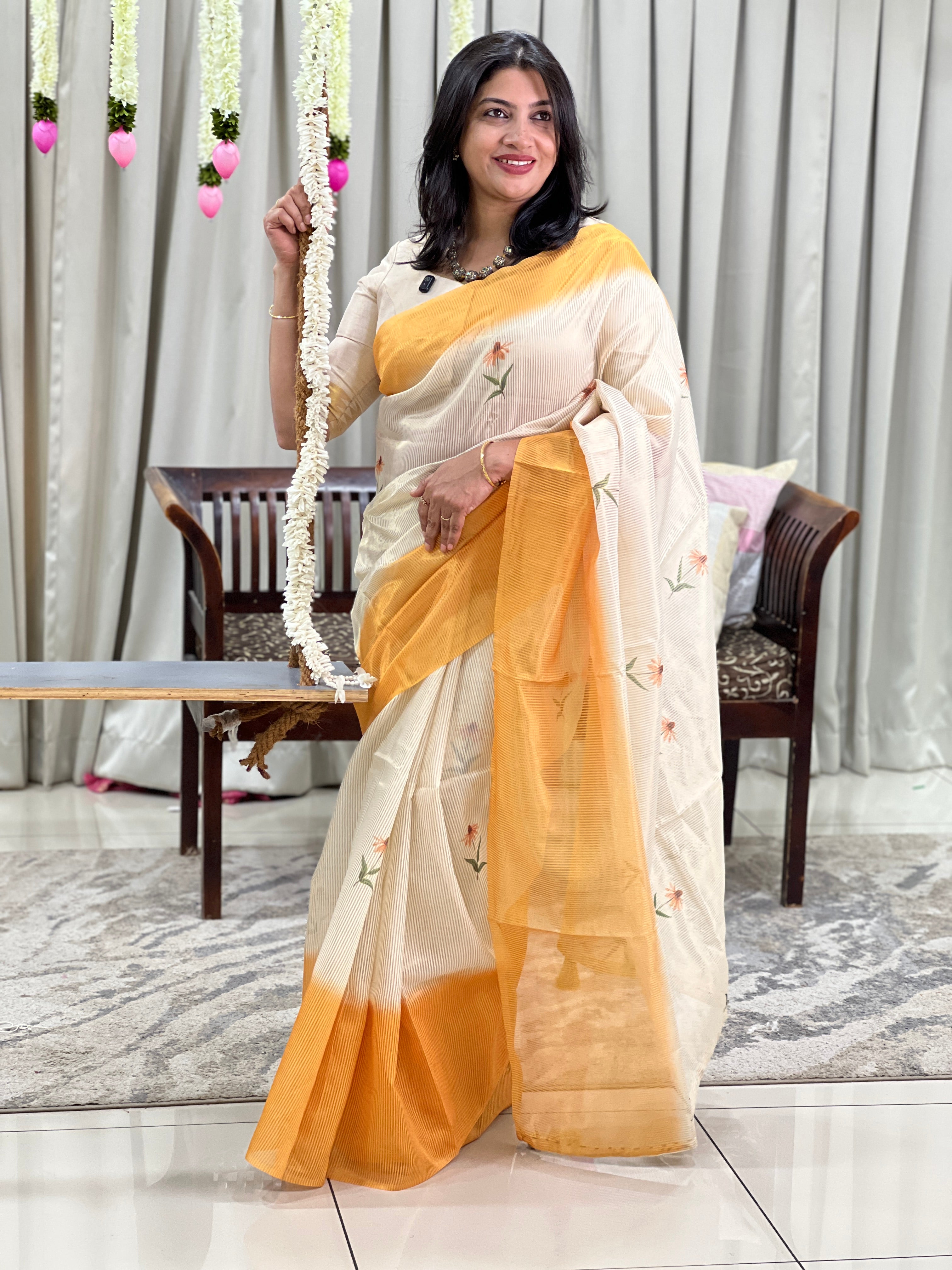 Tissue Woven Line Pattern Chanderi Saree | HT503