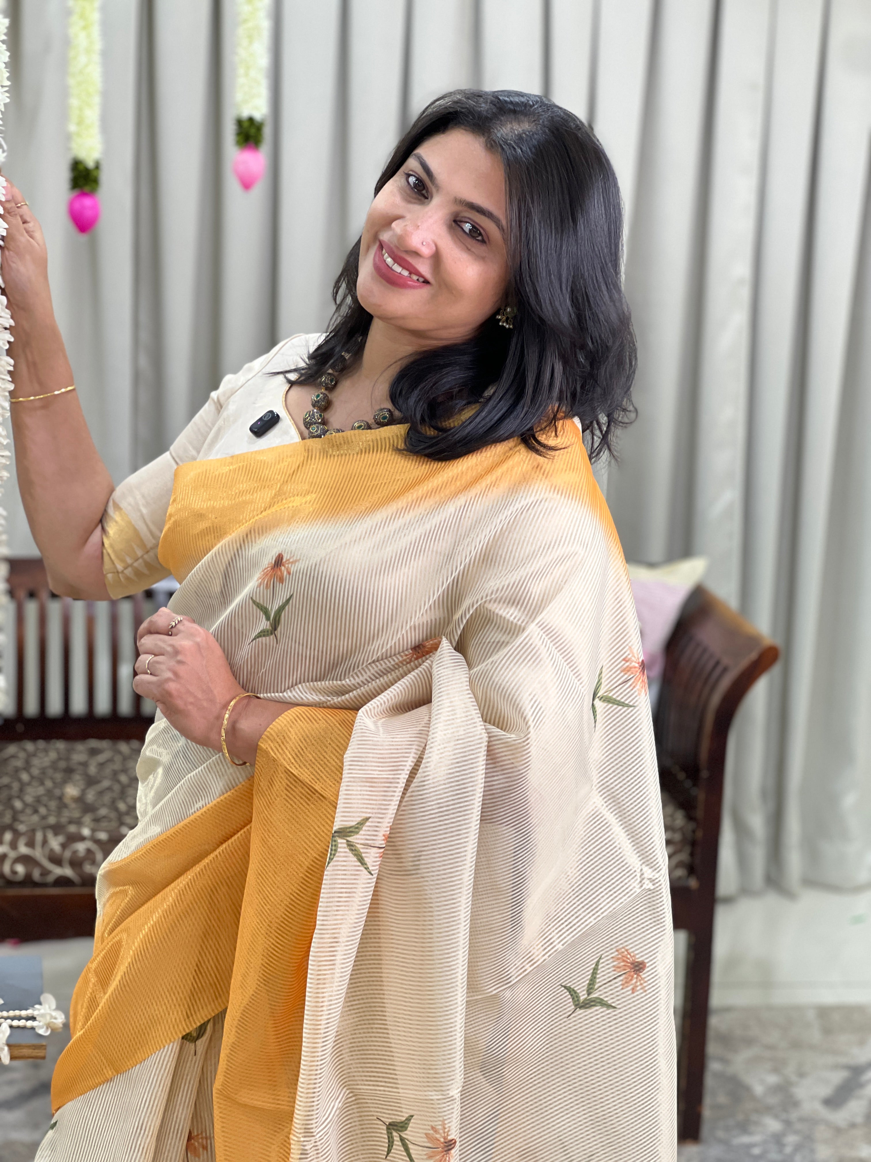 Tissue Woven Line Pattern Chanderi Saree | HT503