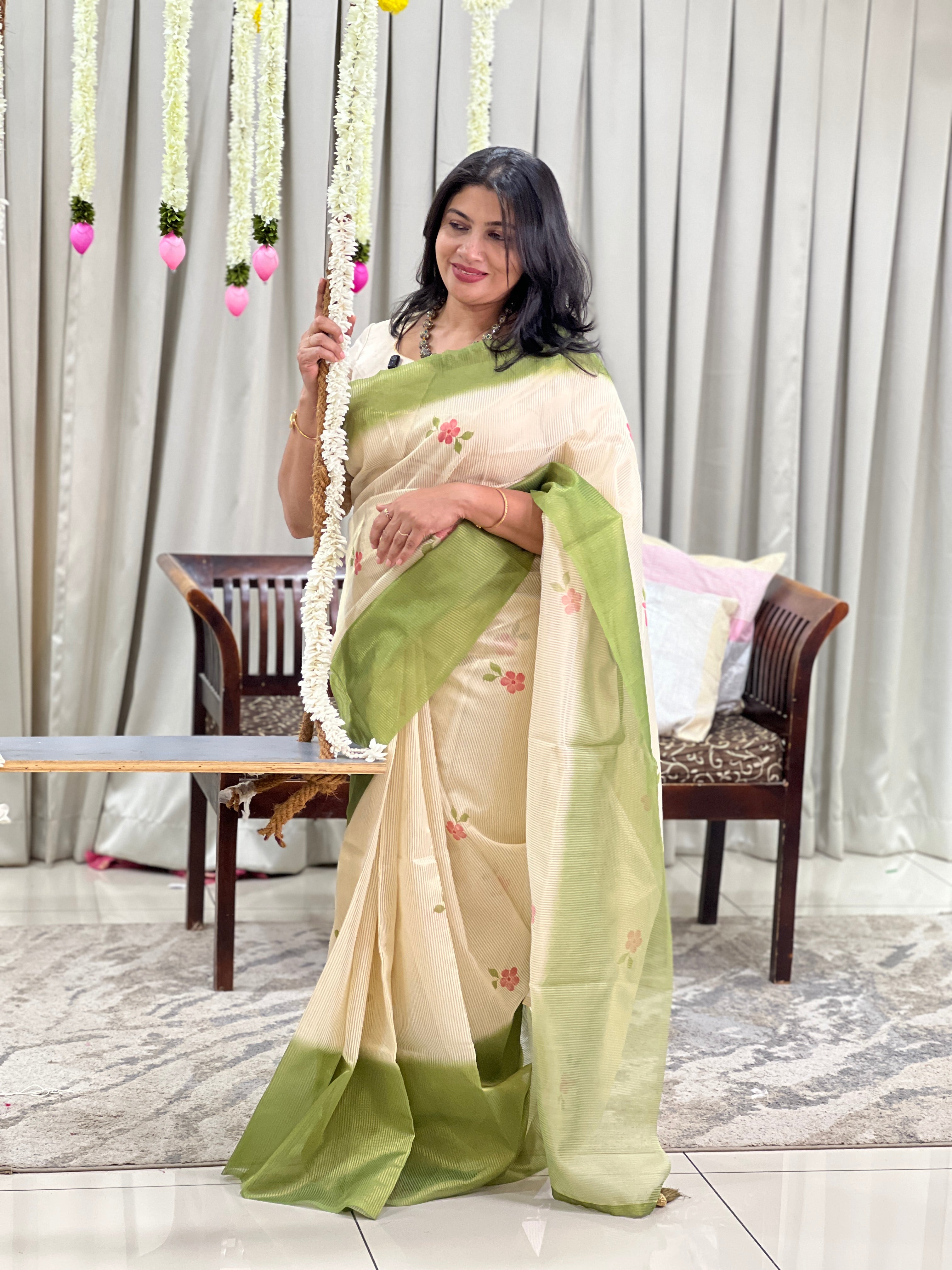 Tissue Woven Line Pattern Chanderi Saree | HT504
