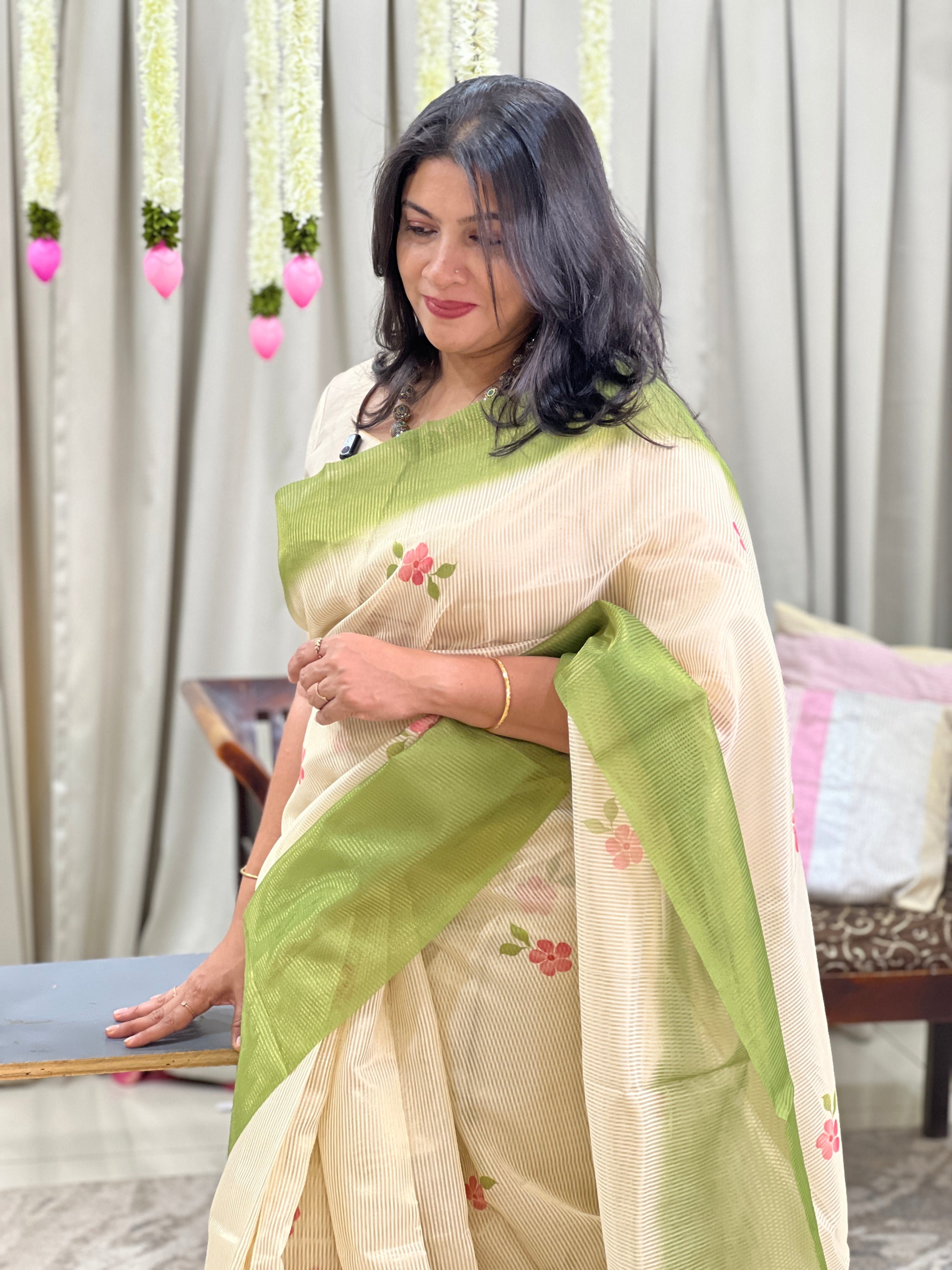 Tissue Woven Line Pattern Chanderi Saree | HT504
