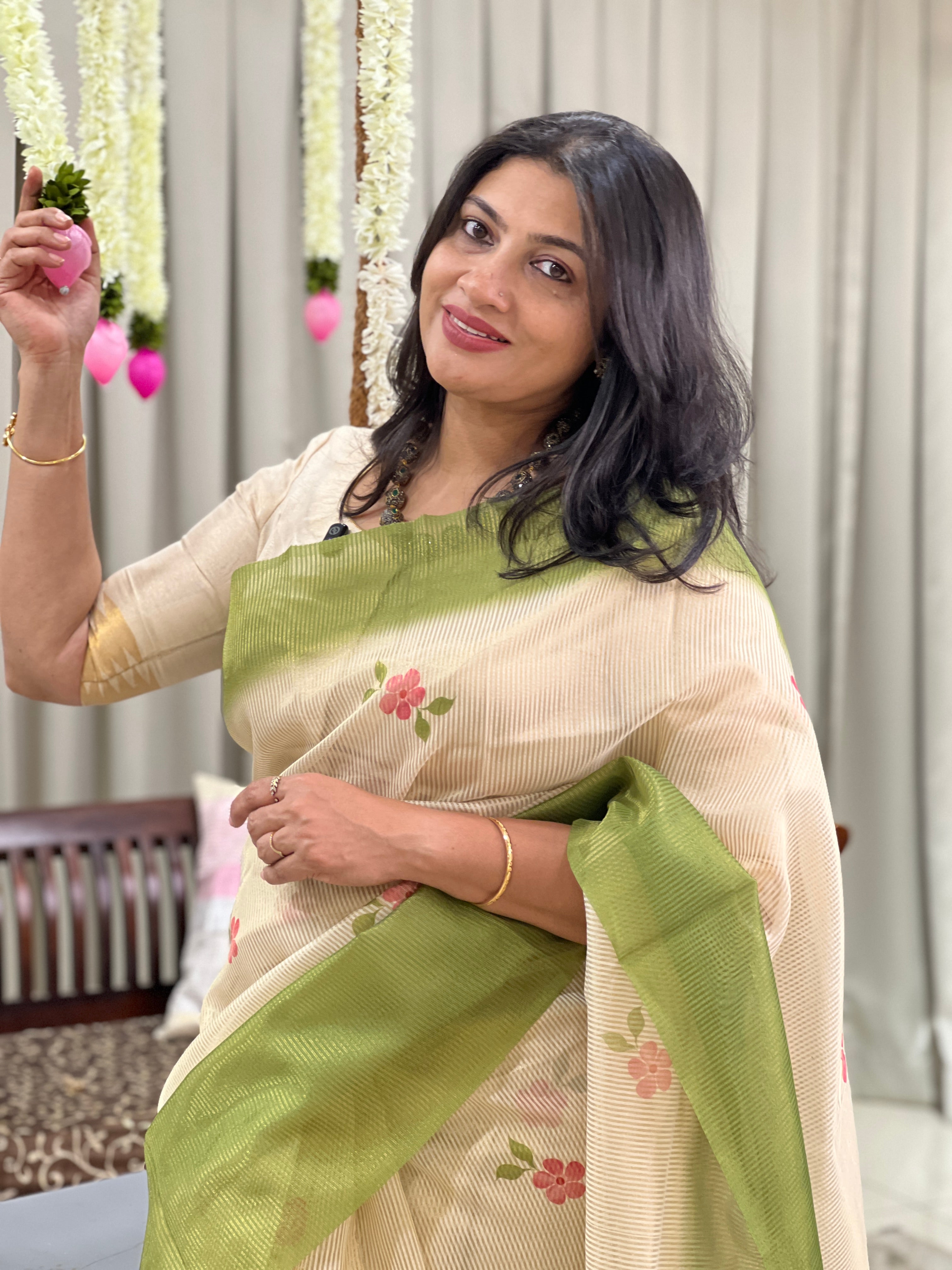 Tissue Woven Line Pattern Chanderi Saree | HT504