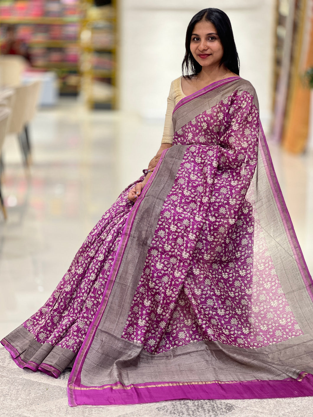 Floral Printed Chanderi Saree | LP146