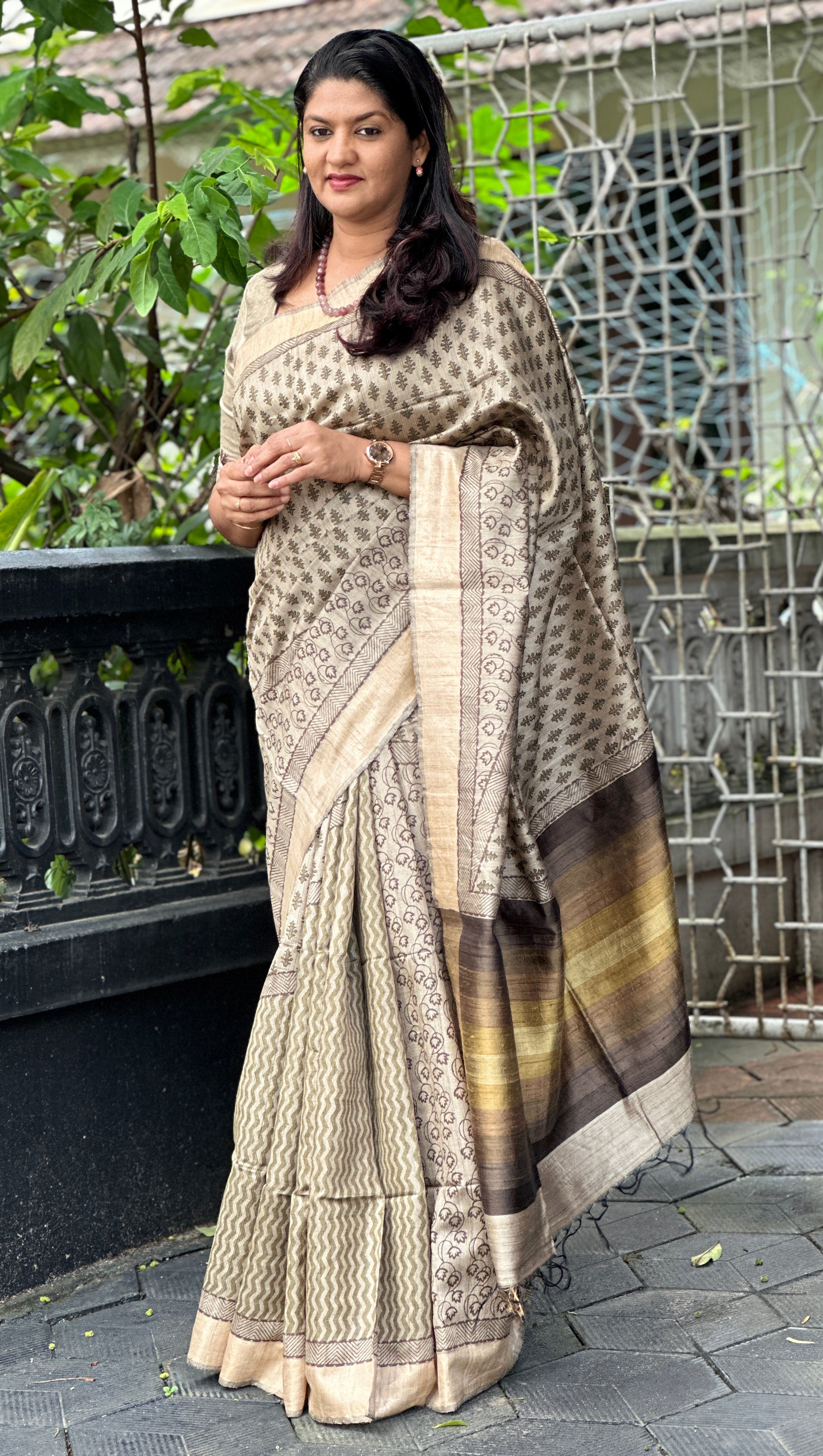 Block Printed Matka Tussar Saree | SUM102