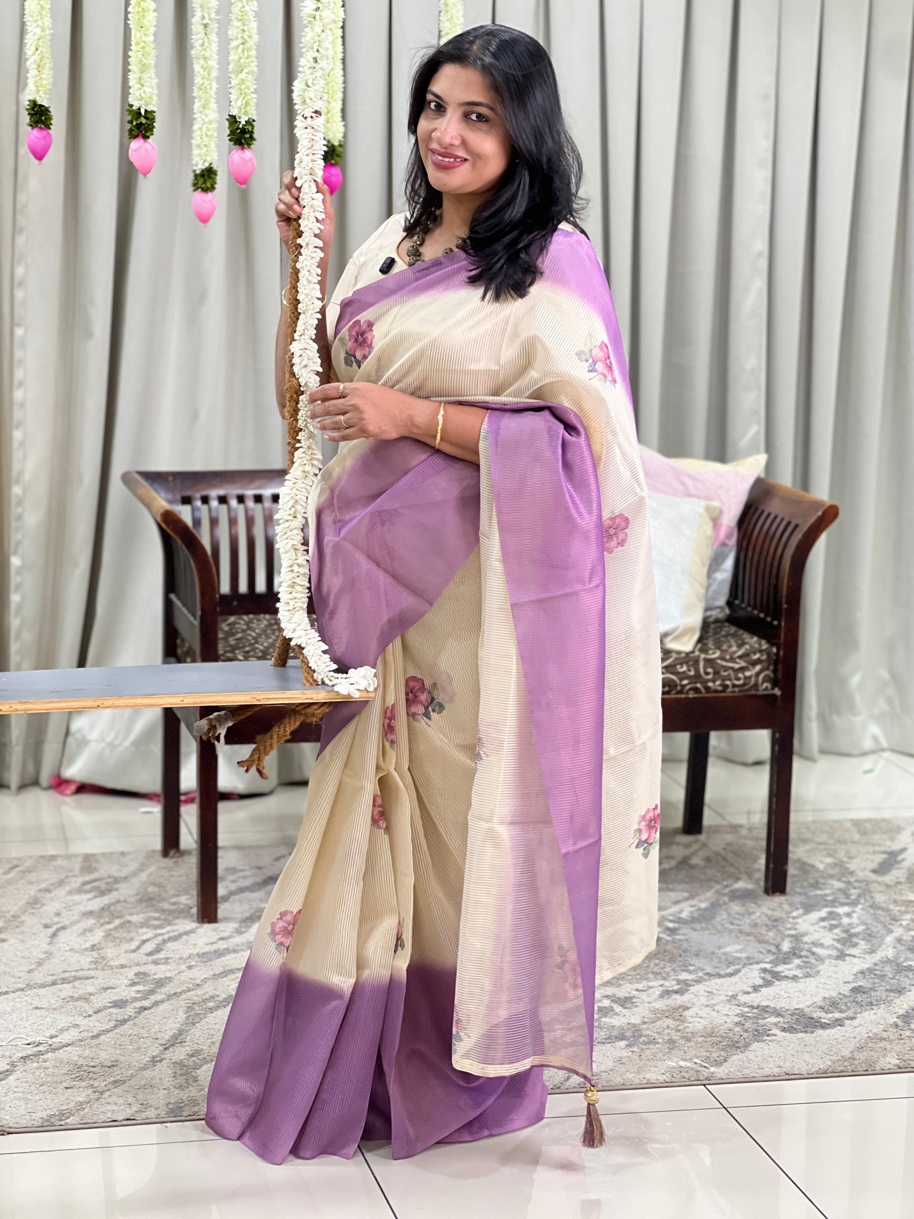 Tissue Woven Line Pattern Chanderi Saree | HT507