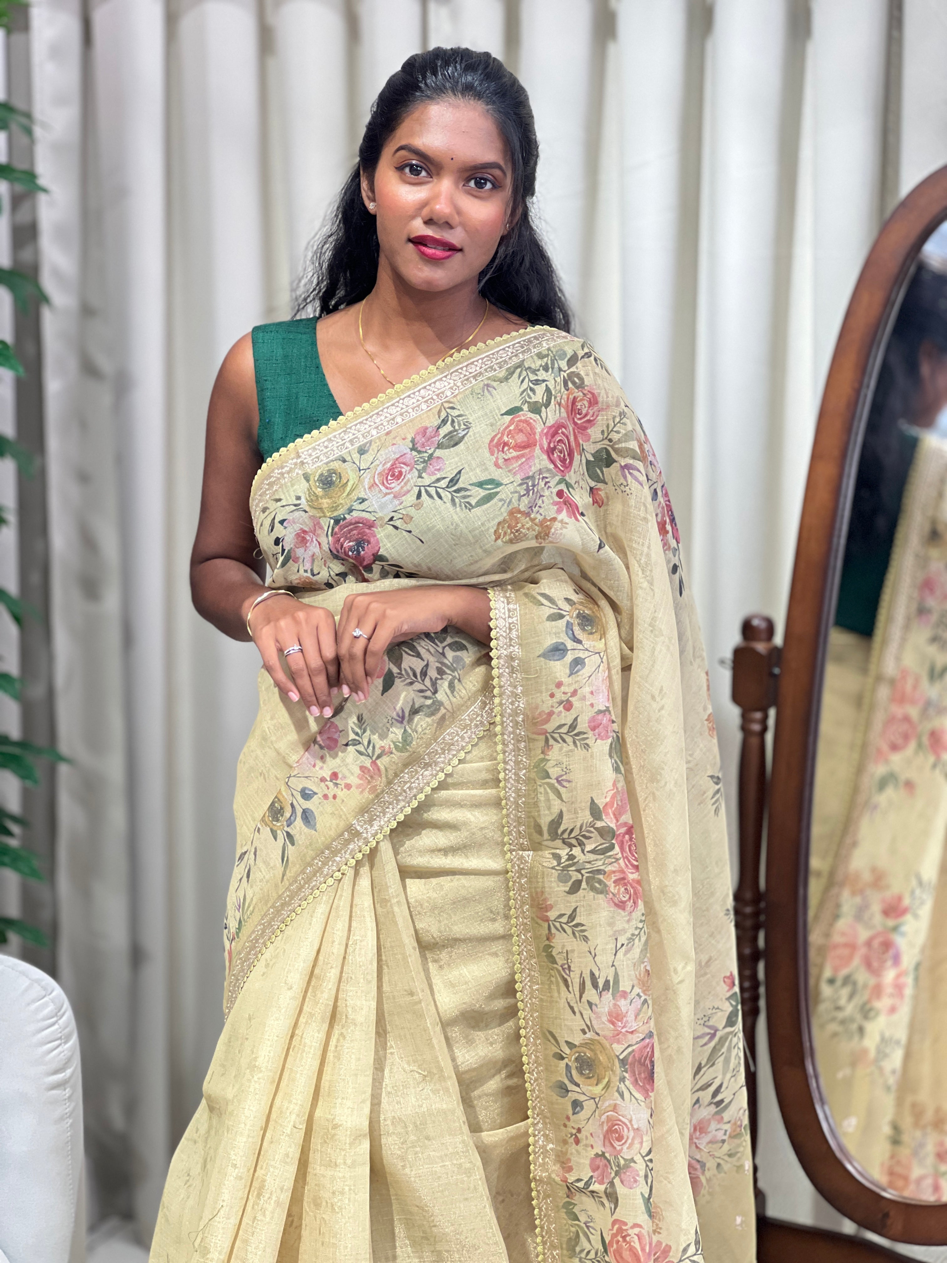 Floral Print With Pitta Work Detailed Tissue Linen Saree | BLD2139