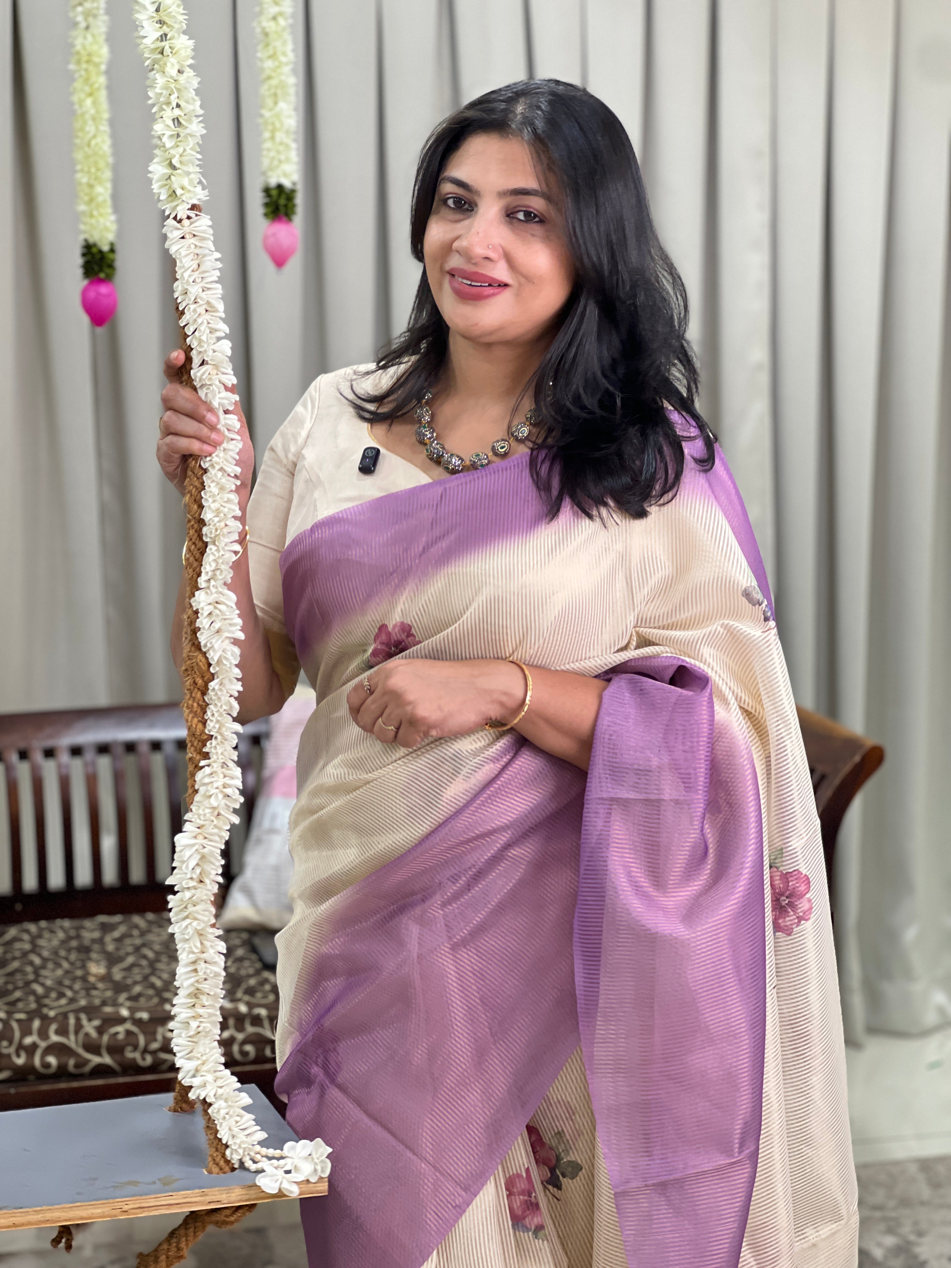Tissue Woven Line Pattern Chanderi Saree | HT507