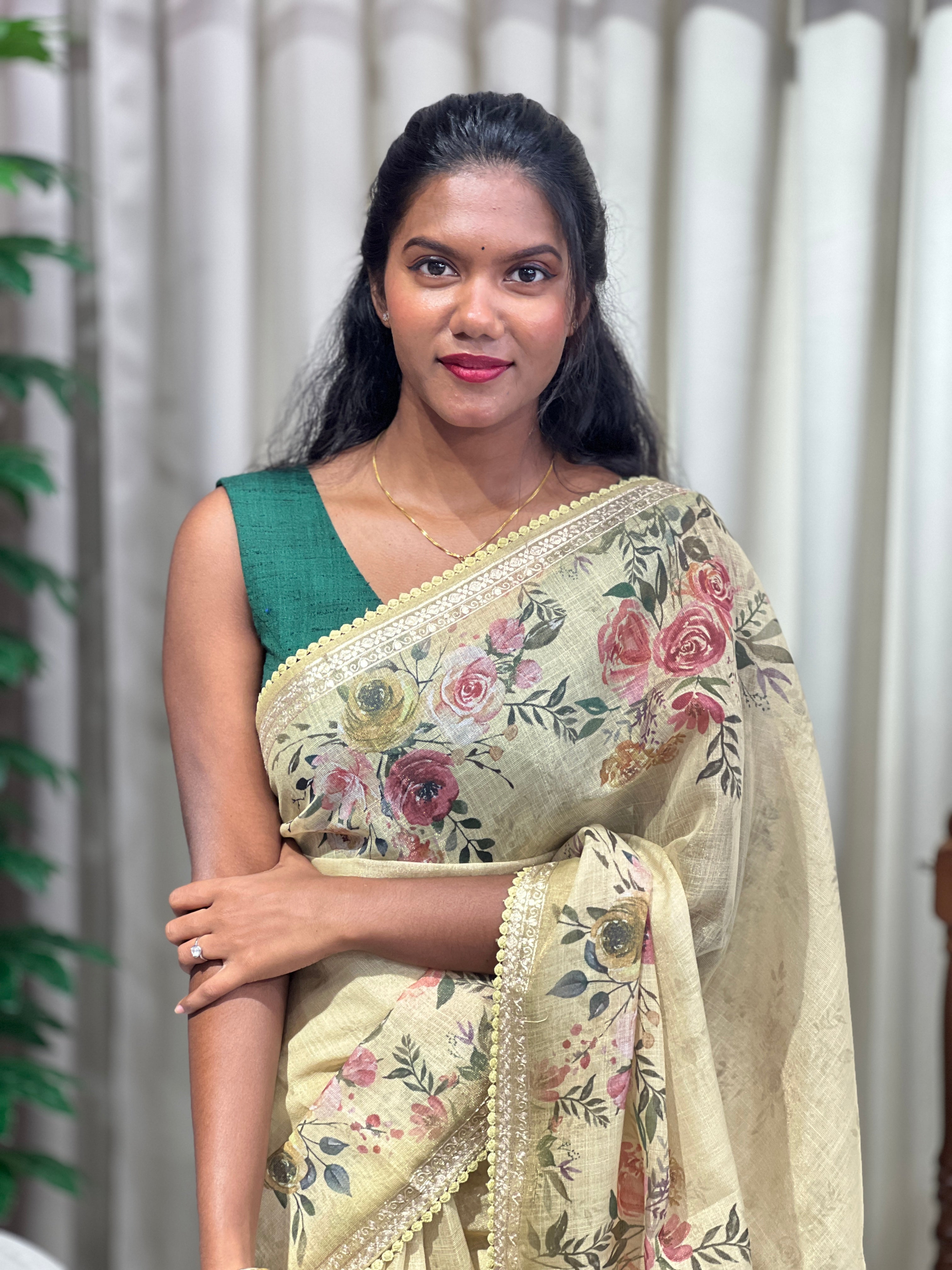 Floral Print With Pitta Work Detailed Tissue Linen Saree | BLD2139