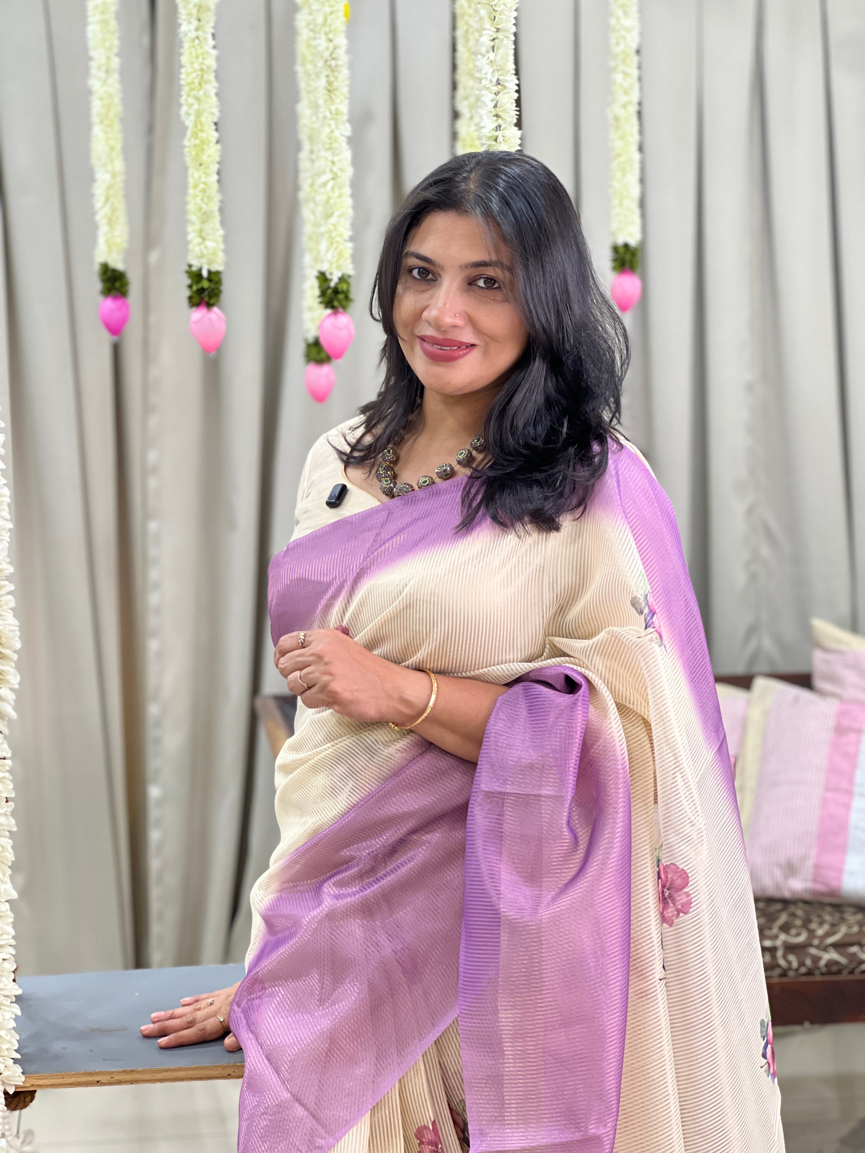 Tissue Woven Line Pattern Chanderi Saree | HT507
