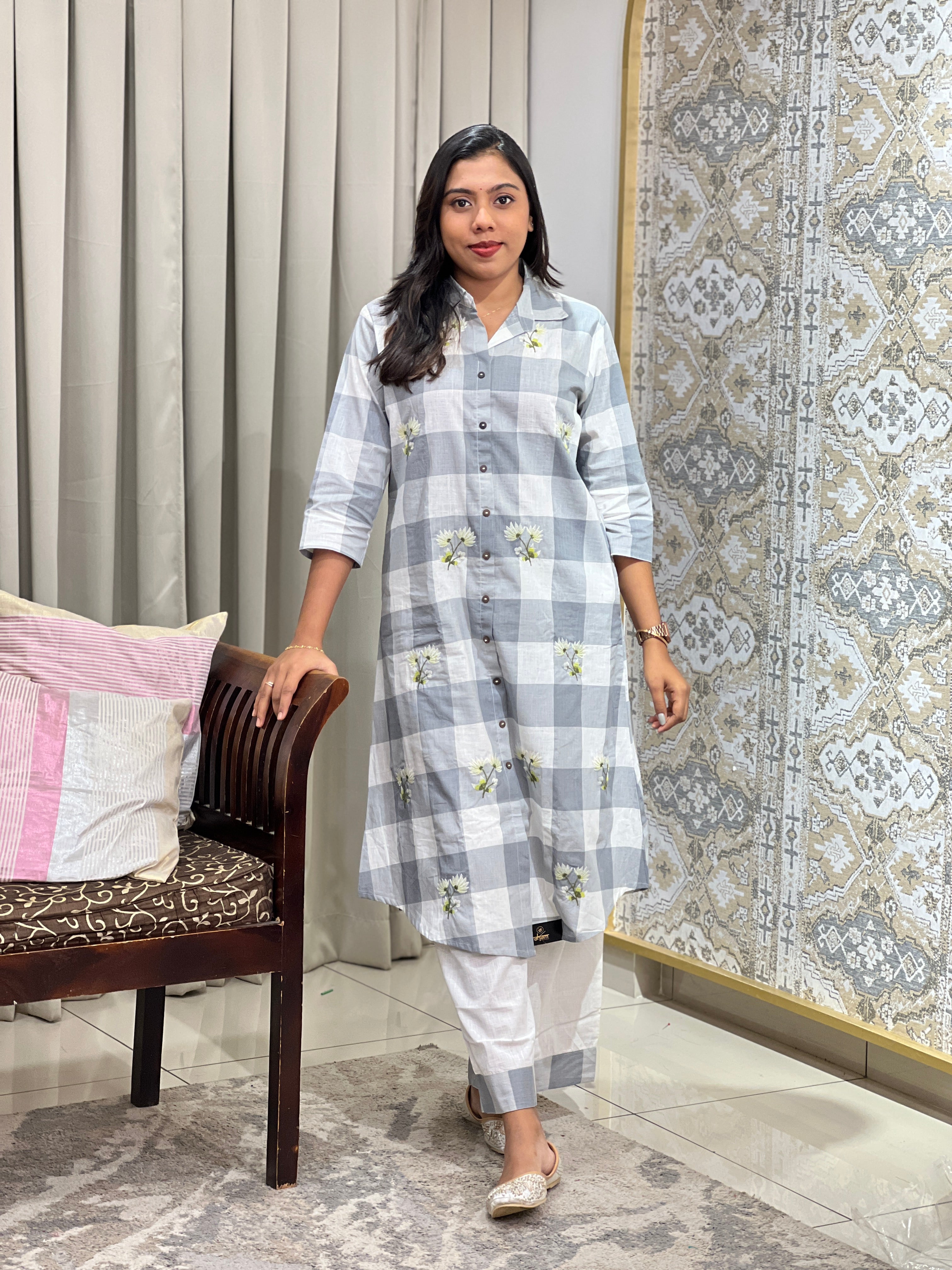 Check Patterned Linen Cotton Cord Set  | OMF193
