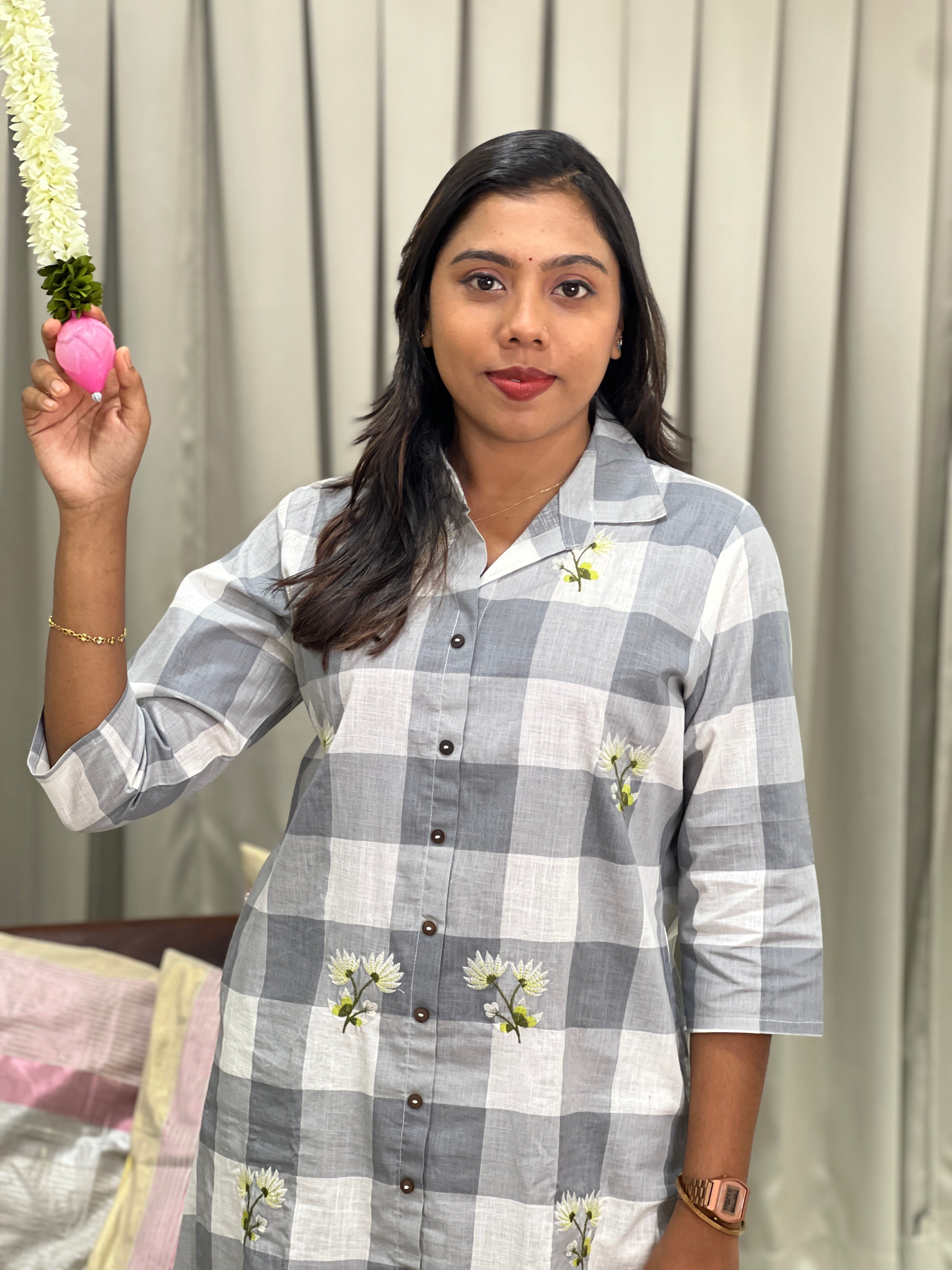 Check Patterned Linen Cotton Cord Set  | OMF193