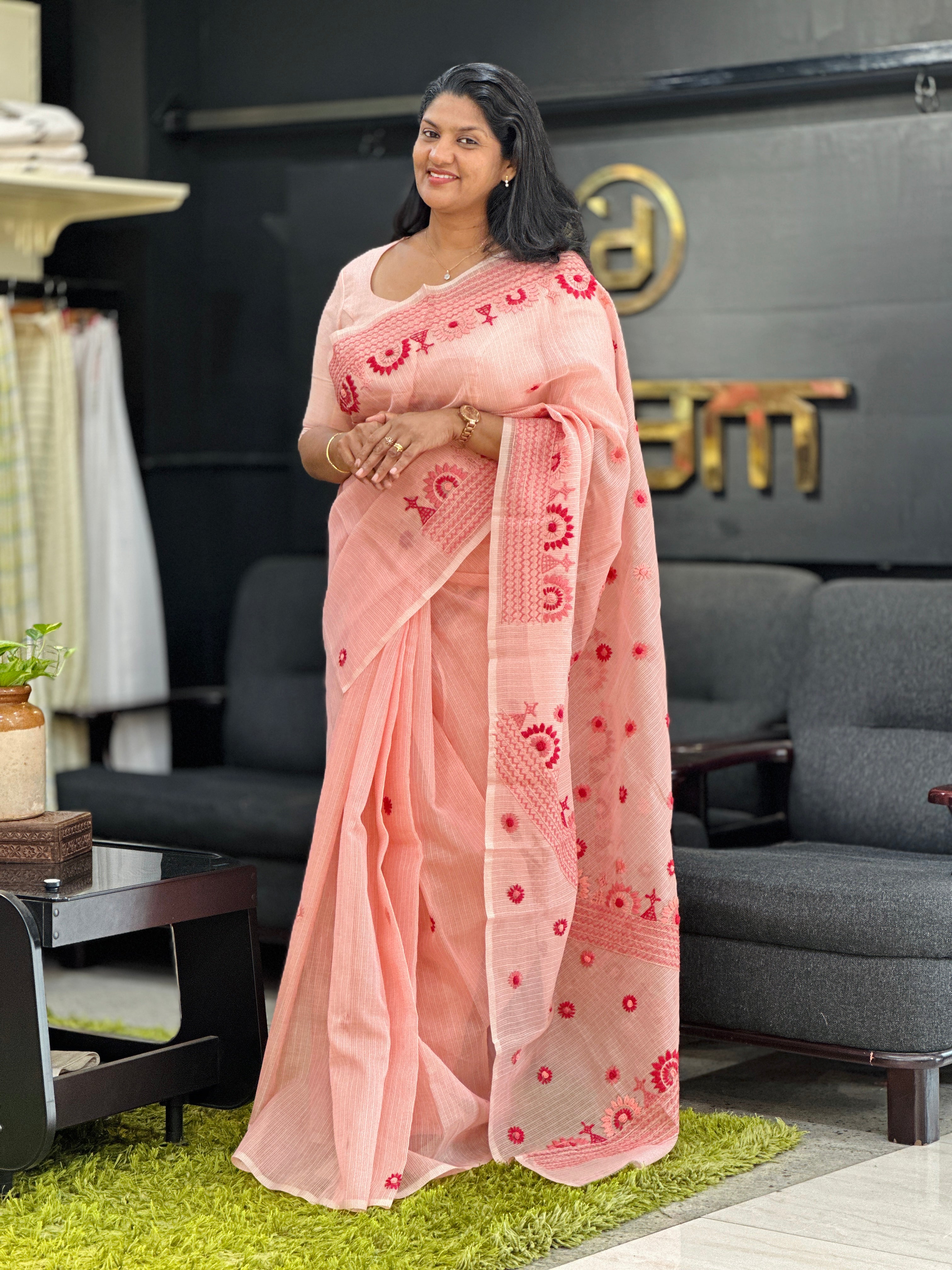 Hand Embroidered Check Kota Saree | JSC348
