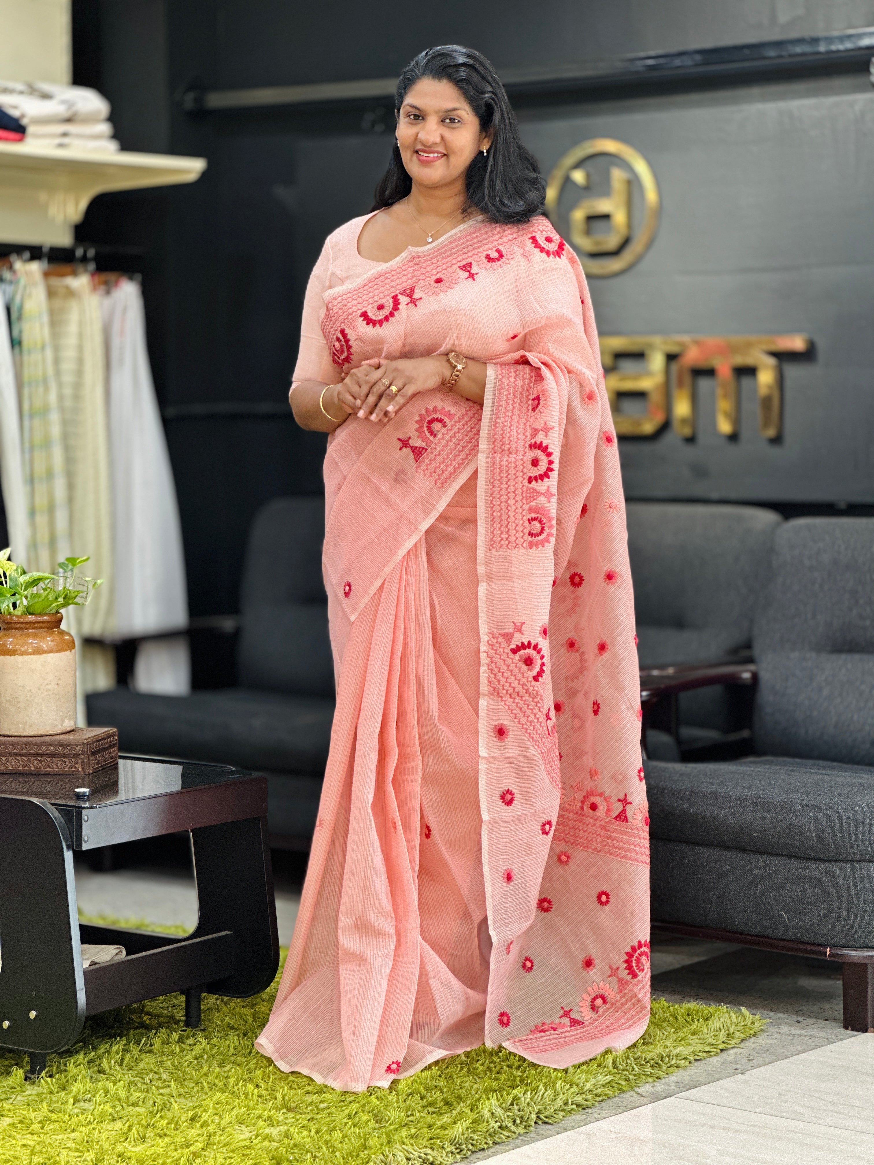 Hand Embroidered Check Kota Saree | JSC348
