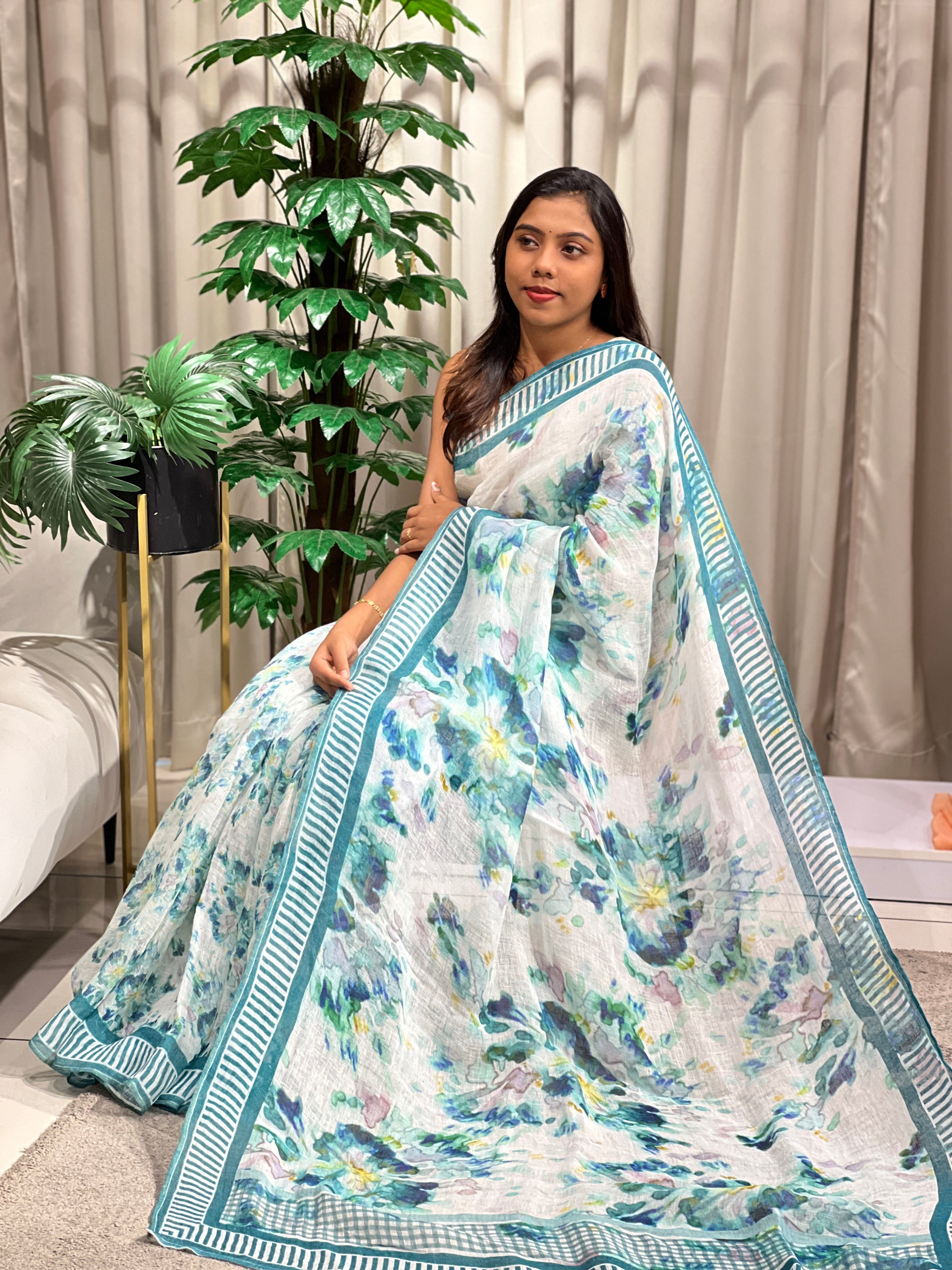 Floral Digital Printed Linen Saree | RAG116