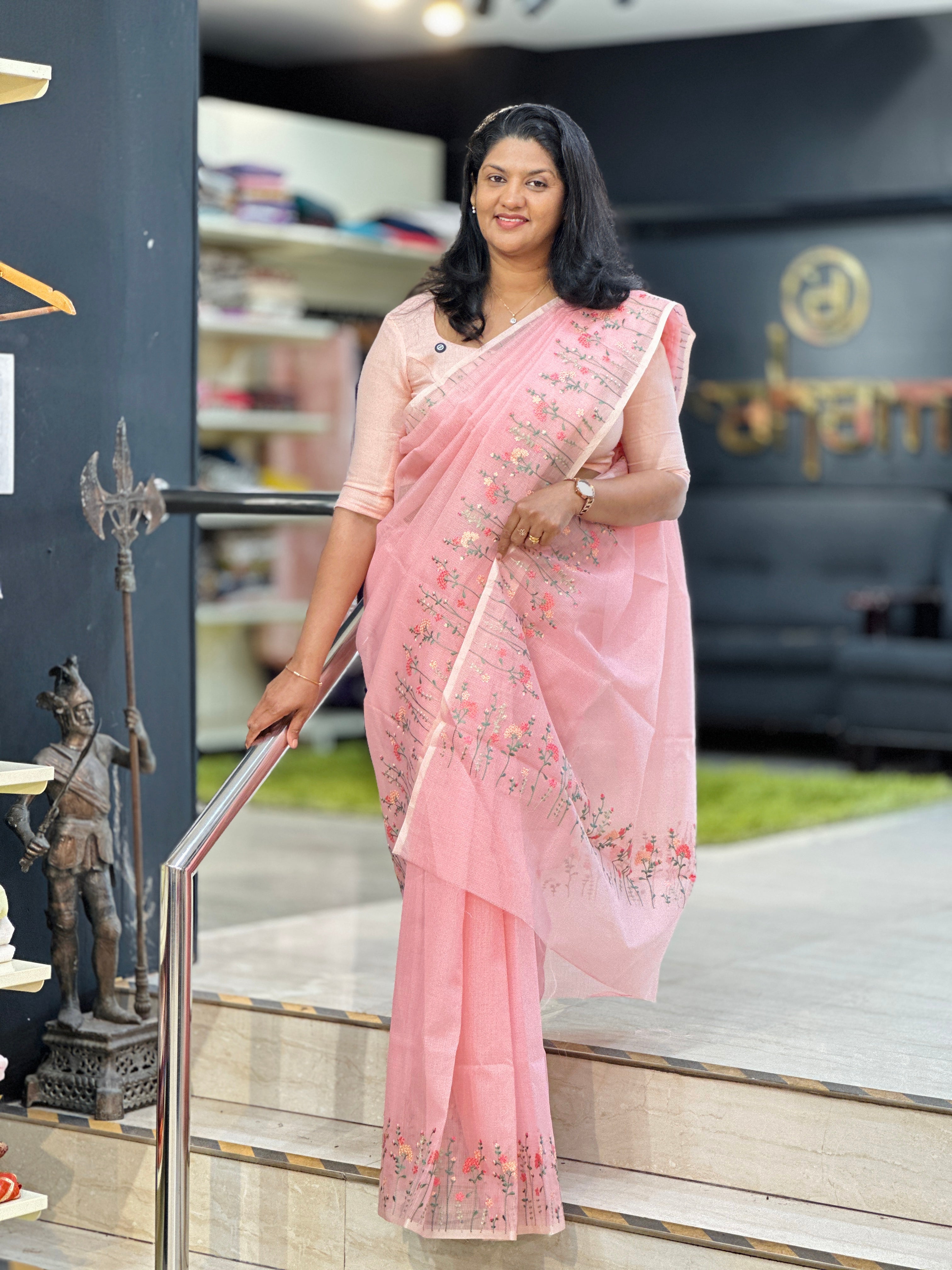 Machine Embroidered Check Organza Saree | JSC365