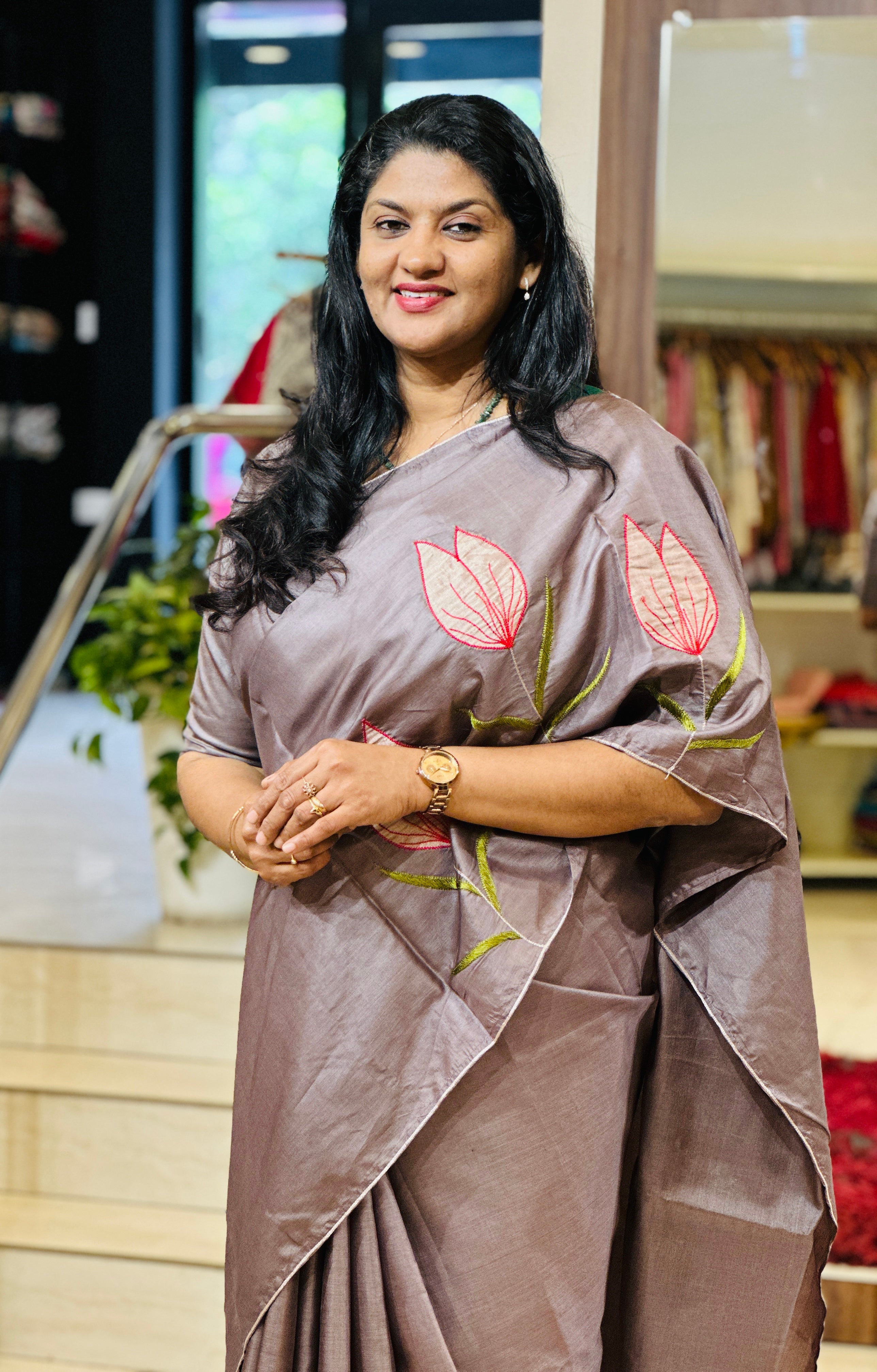 Floral Applique Work Detailed Pure Tussar Silk Saree | DN828