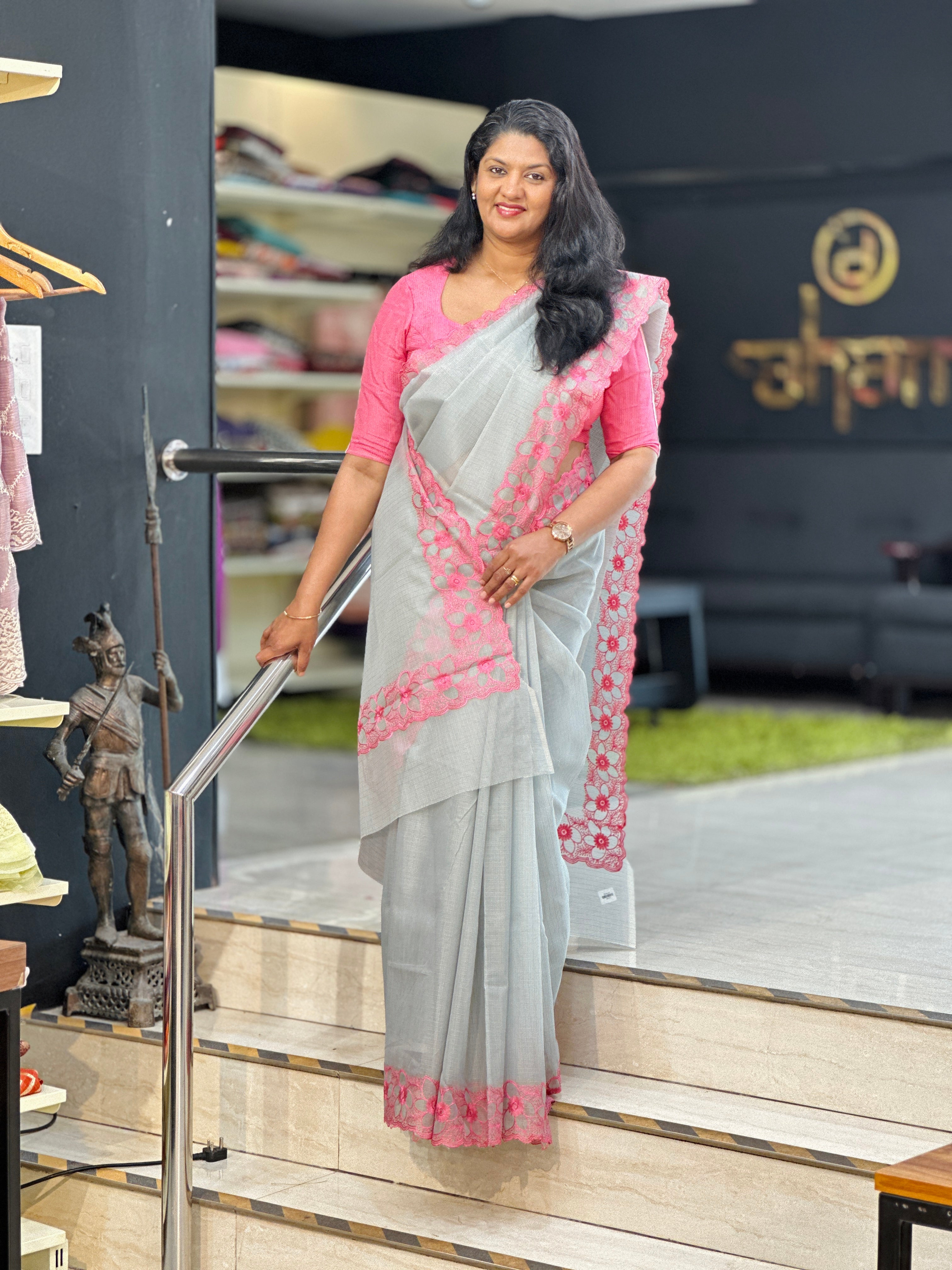 Machine Embroidery Check Organza Saree | JSC218