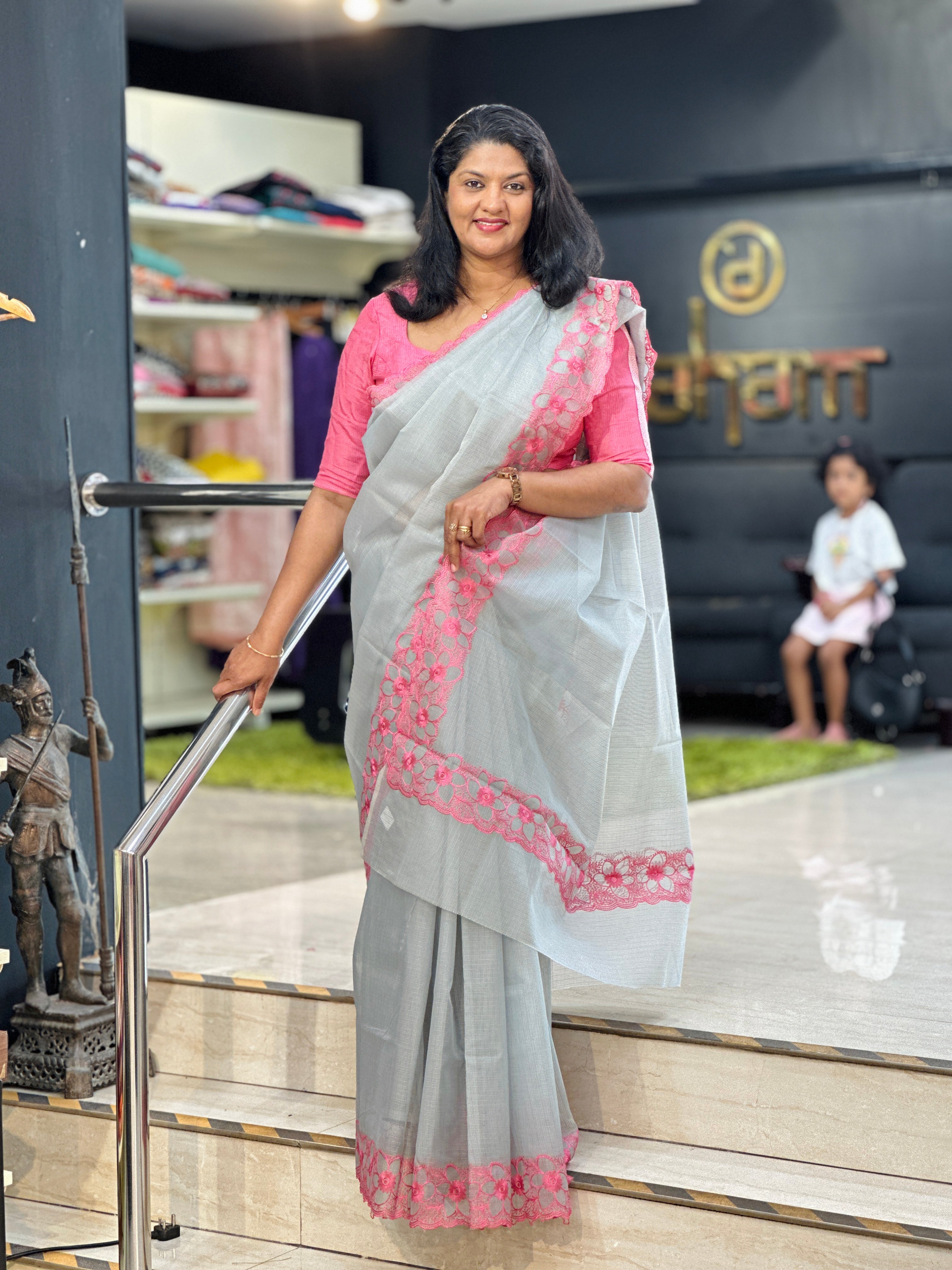 Machine Embroidery Check Organza Saree | JSC218