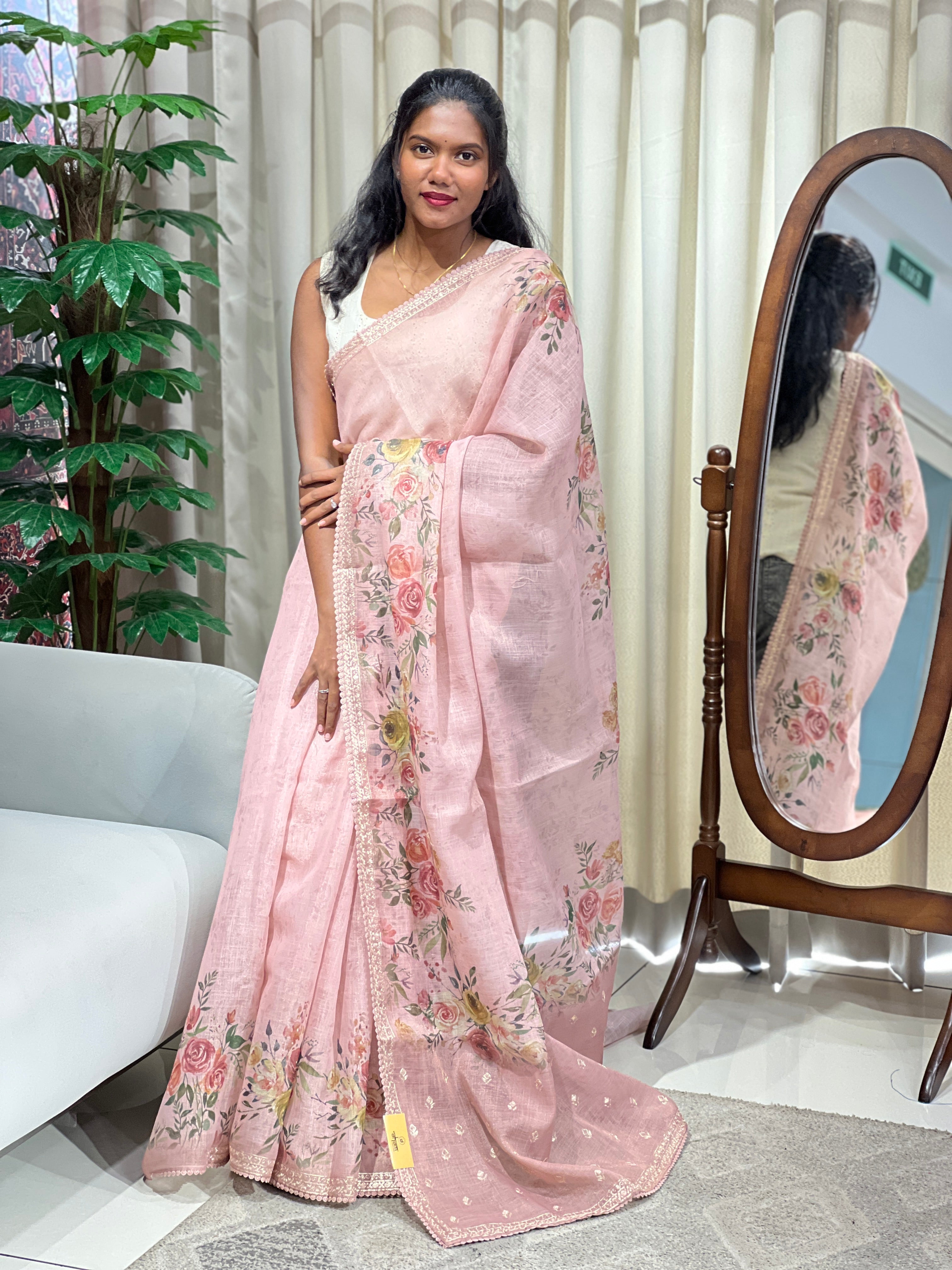 Floral Print With Pitta Work Detailed Tissue Linen Saree | BLD2141