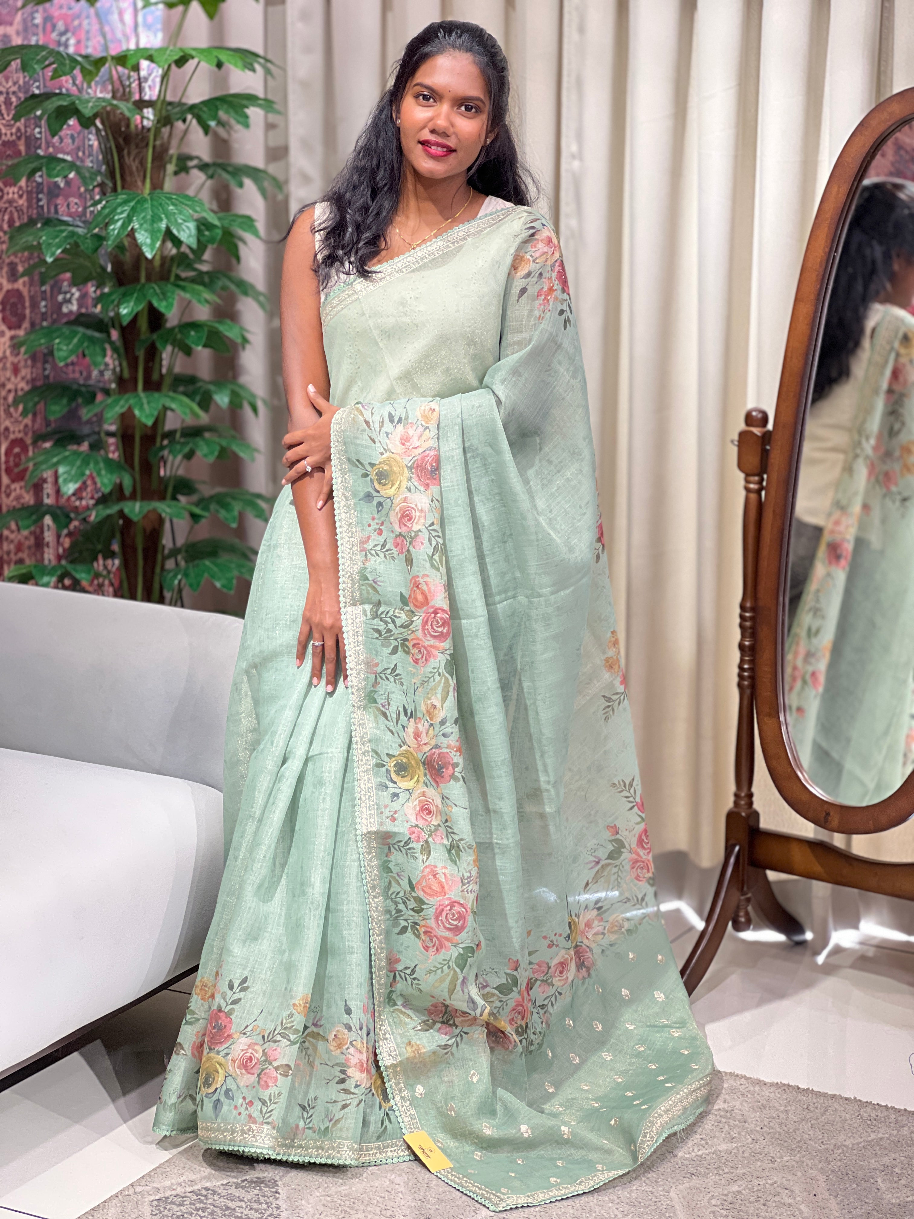Floral Print With Pitta Work Detailed Tissue Linen Saree | BLD2142