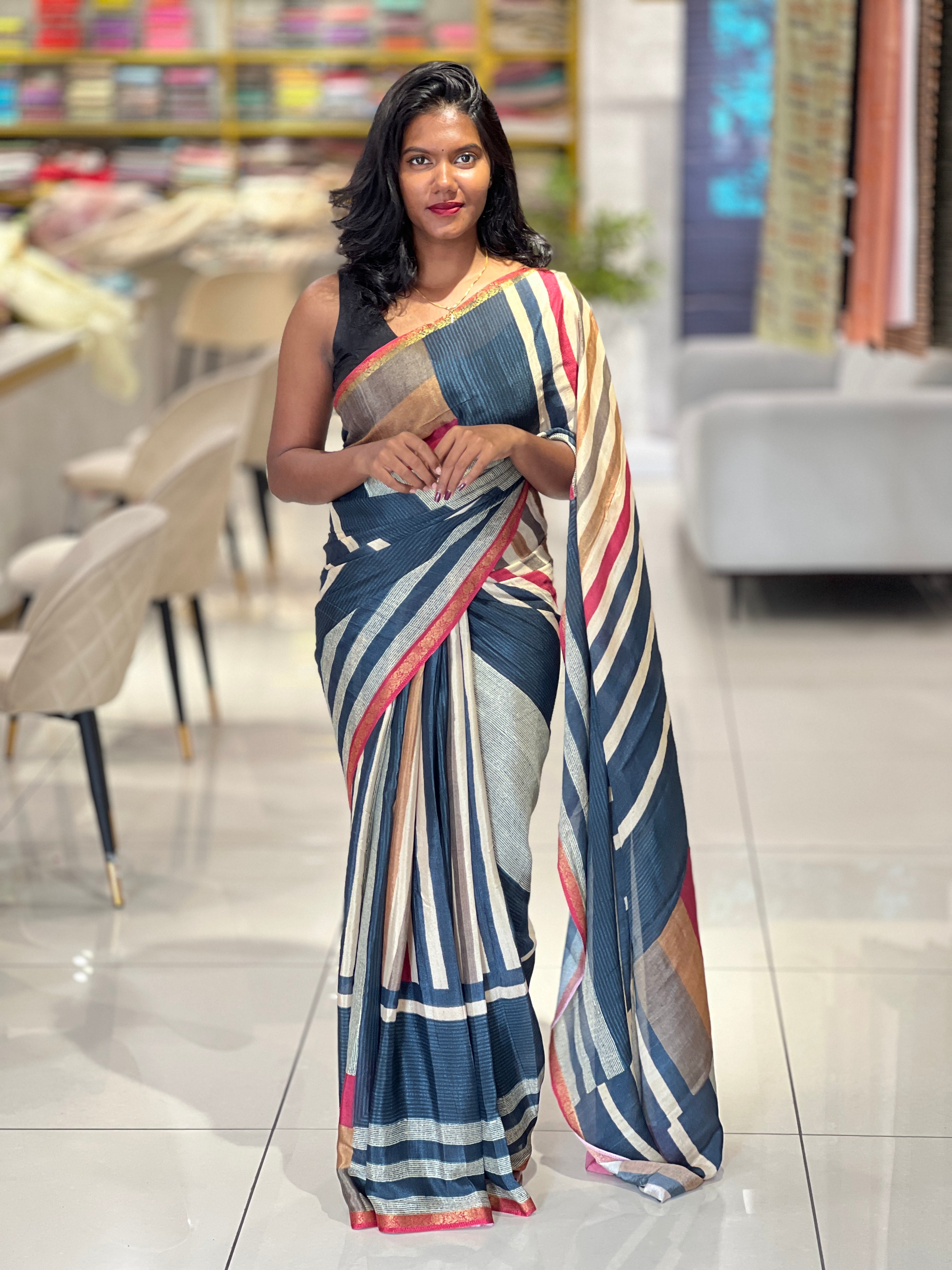 Multi-Colour Print Detailed Chinon Saree | SSN355