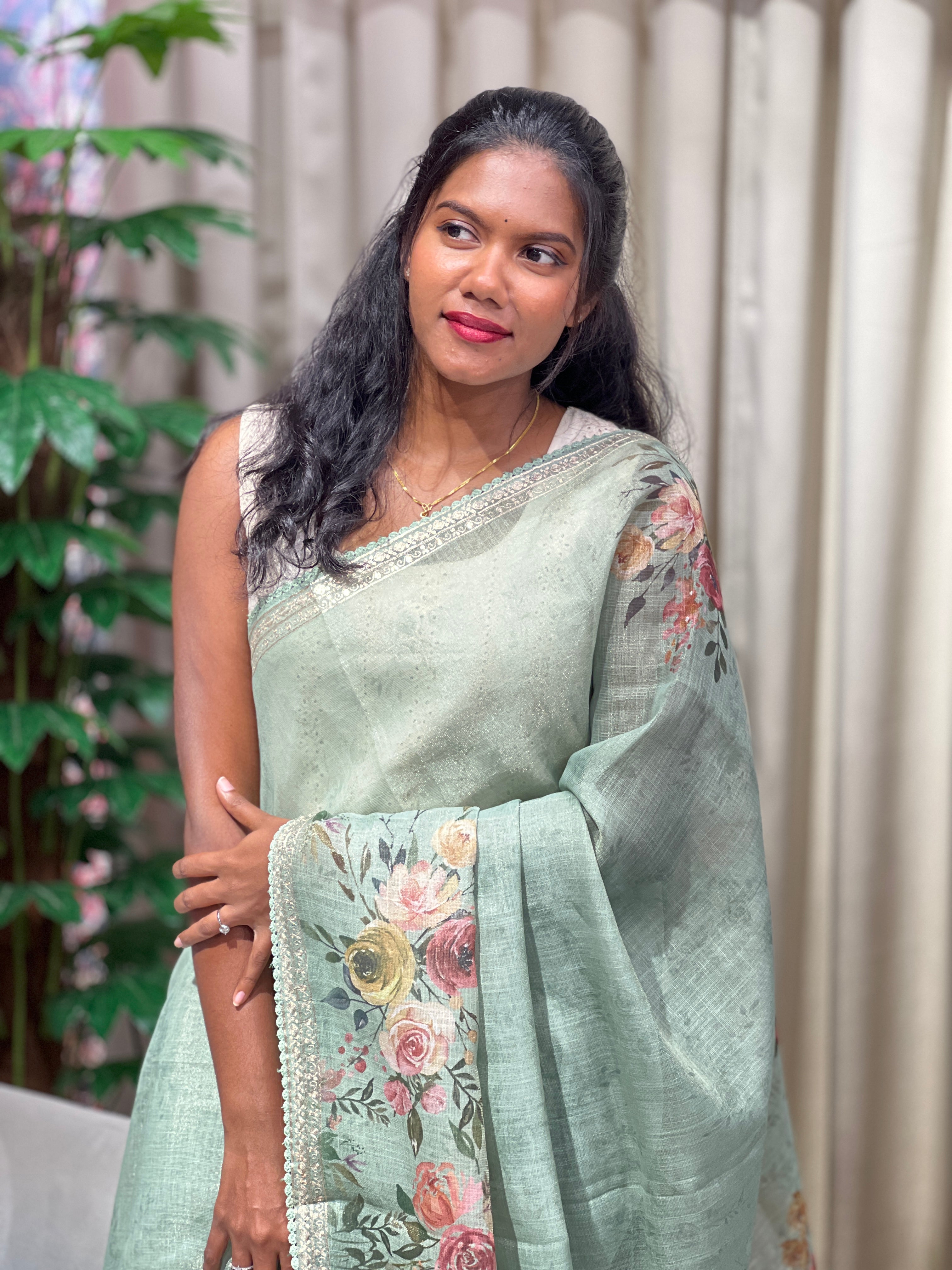 Floral Print With Pitta Work Detailed Tissue Linen Saree | BLD2142
