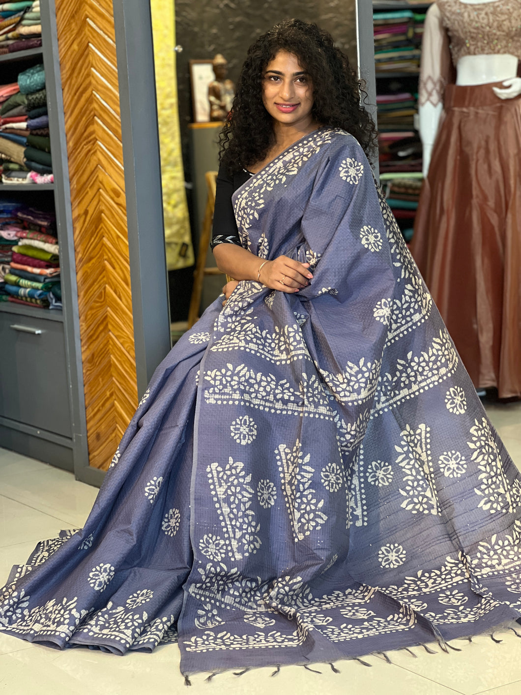 Batik Printed Bhagalpuri Linen Saree | US199