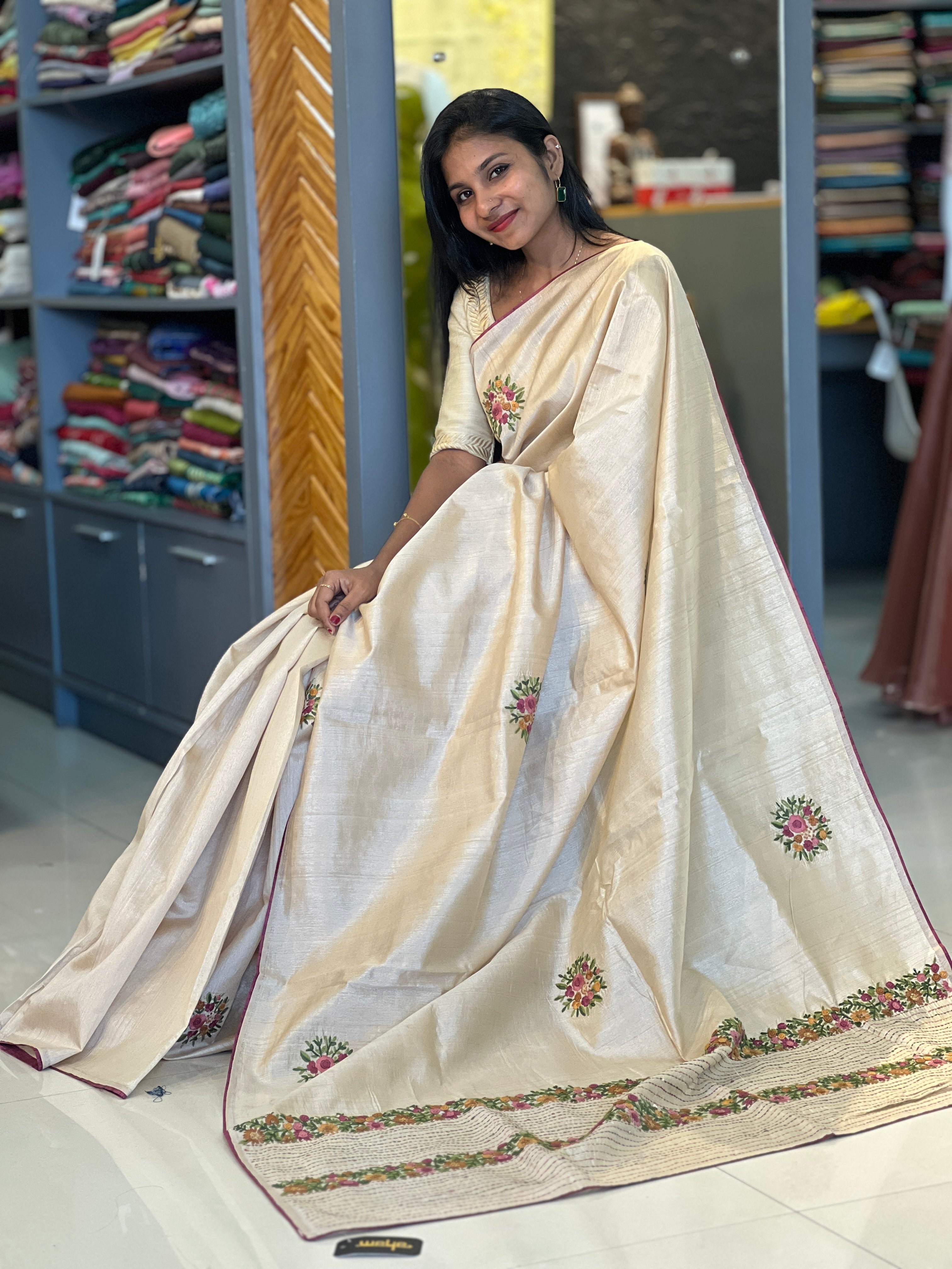 Floral Embroidery Semi Tussar Saree | BLD247