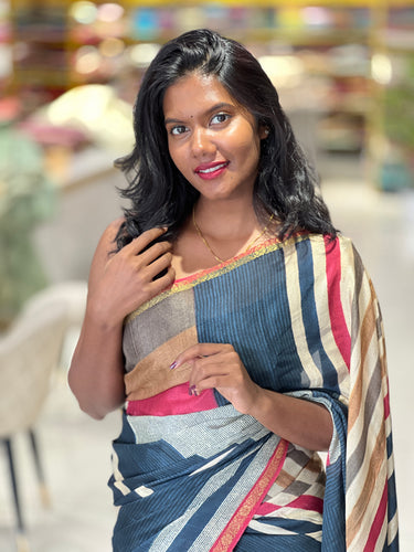 Multi-Colour Print Detailed Chinon Saree | SSN355
