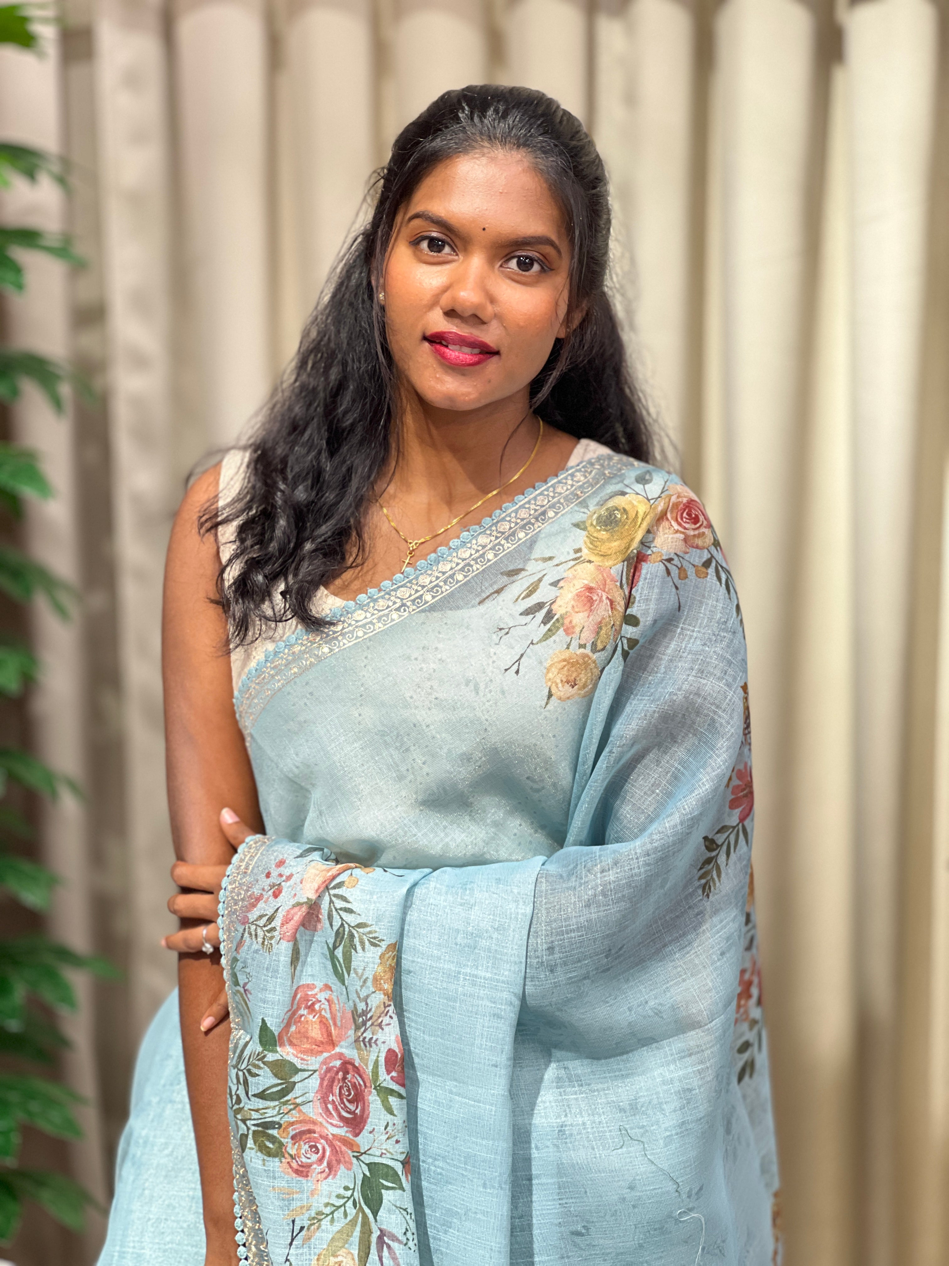 Floral Print With Pitta Work Detailed Tissue Linen Saree | BLD2140