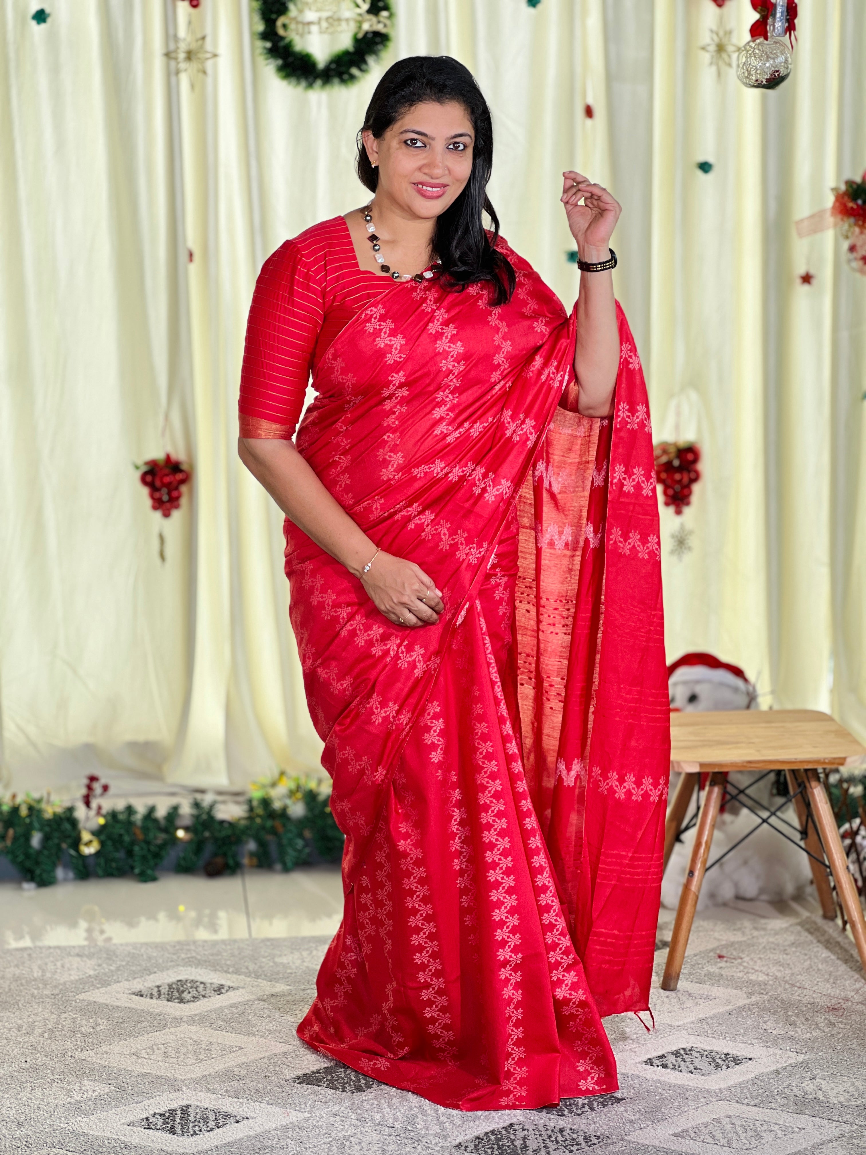 Geometric Patterned Bhagalpuri Linen Saree | NHH560