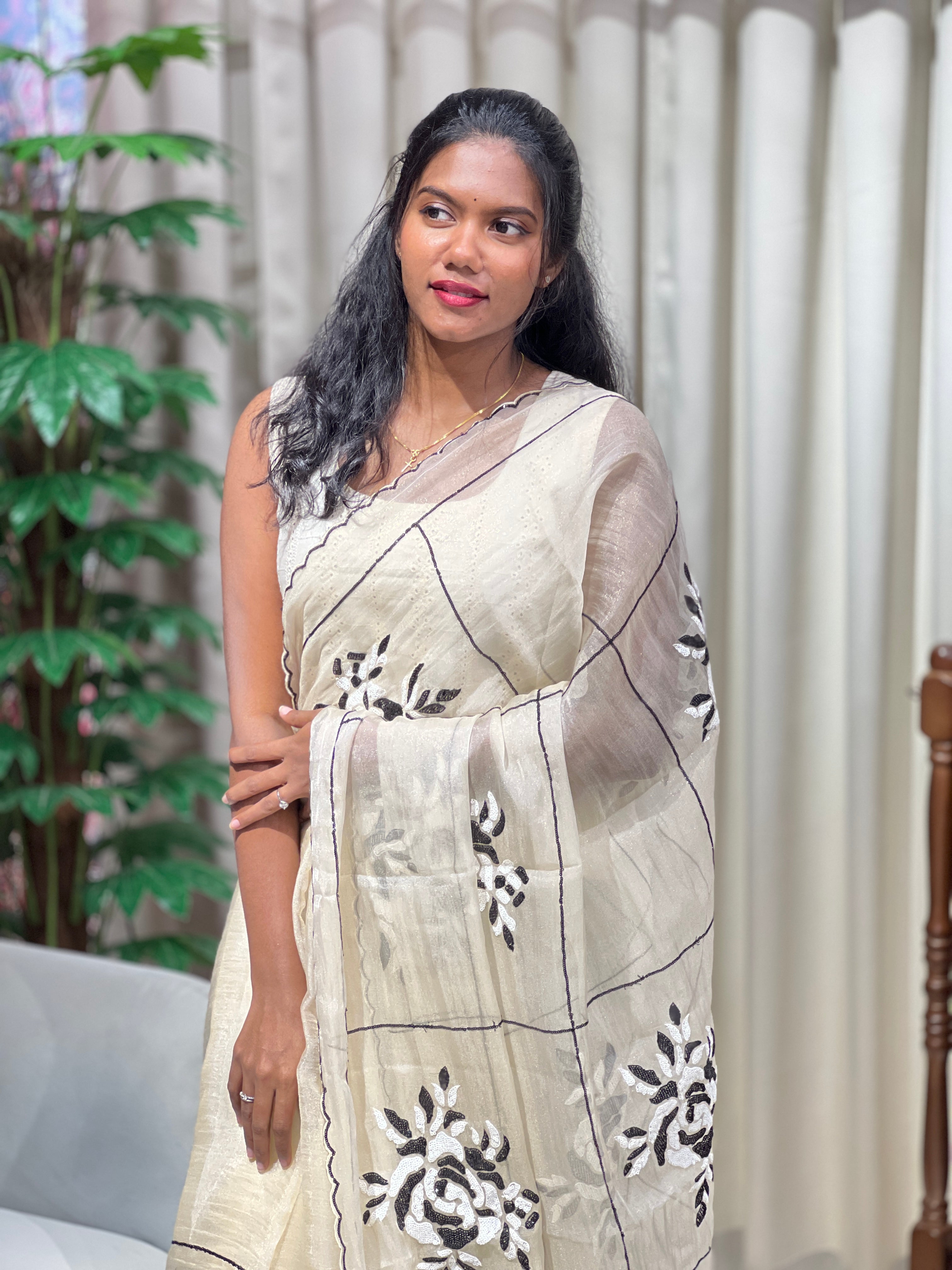 Sequins Embroidery Detailed Shimmer Organza Saree | BLD2153