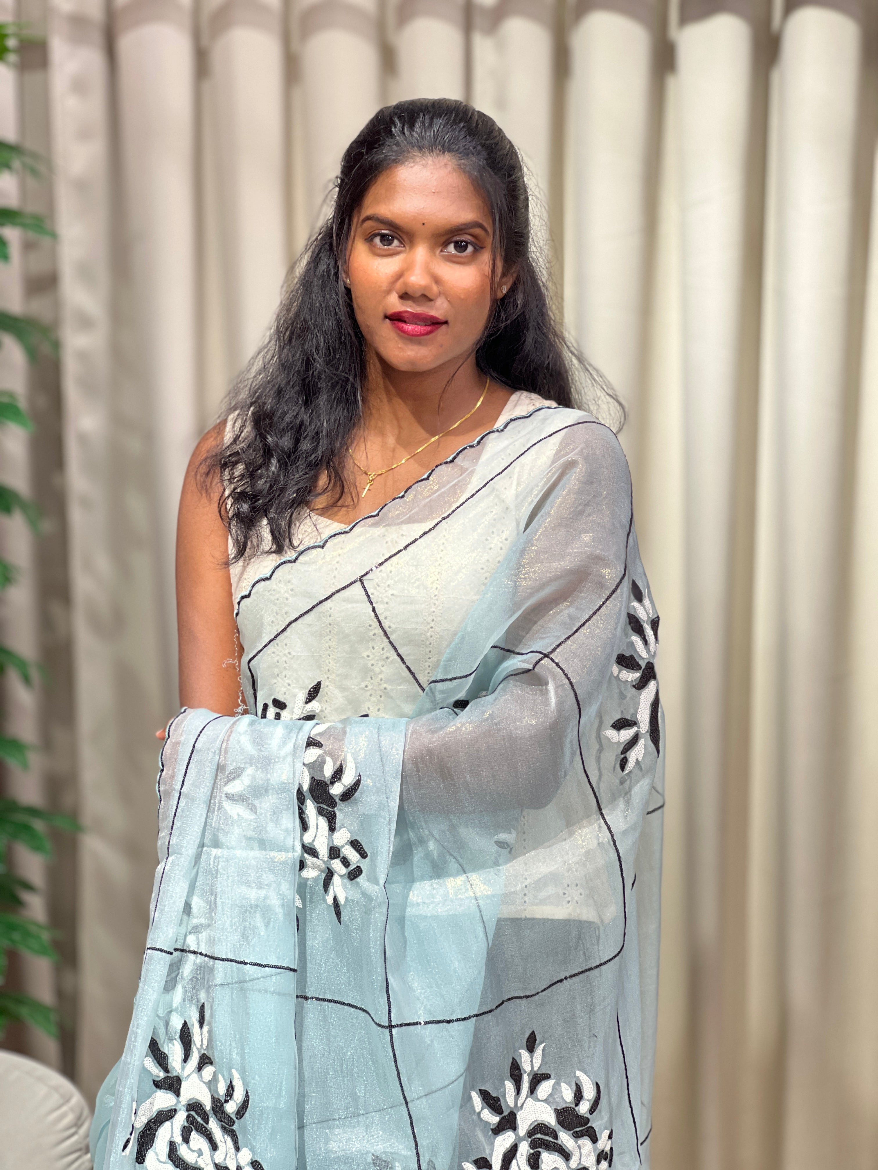 Sequins Embroidery Detailed  Shimmer Organza Saree | BLD2155