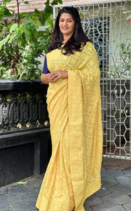 Yellow Lucknowi Embroidered Georgette Saree | ARS328