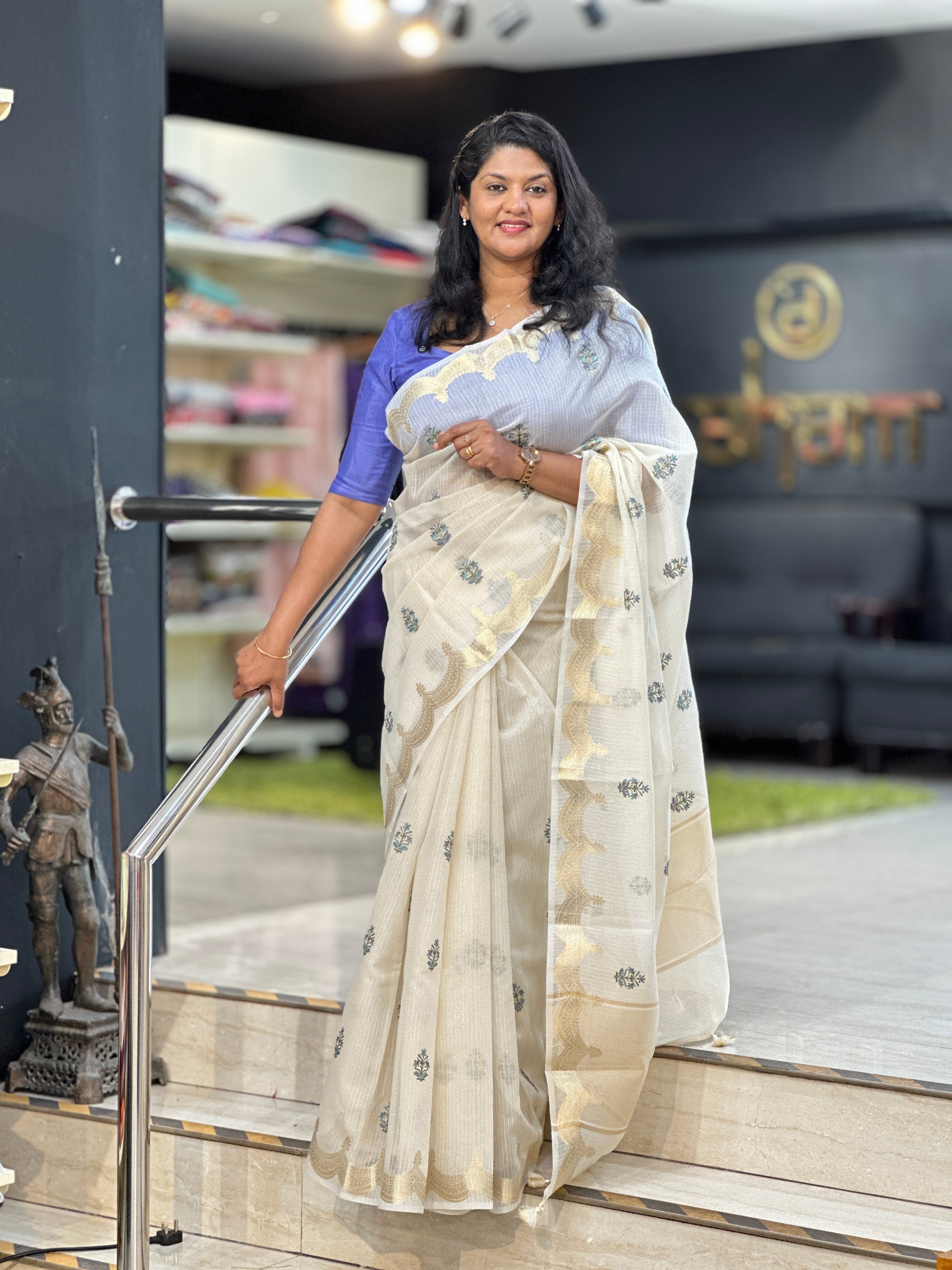 Embroidered Zari Woven Check Organza Saree | MR229
