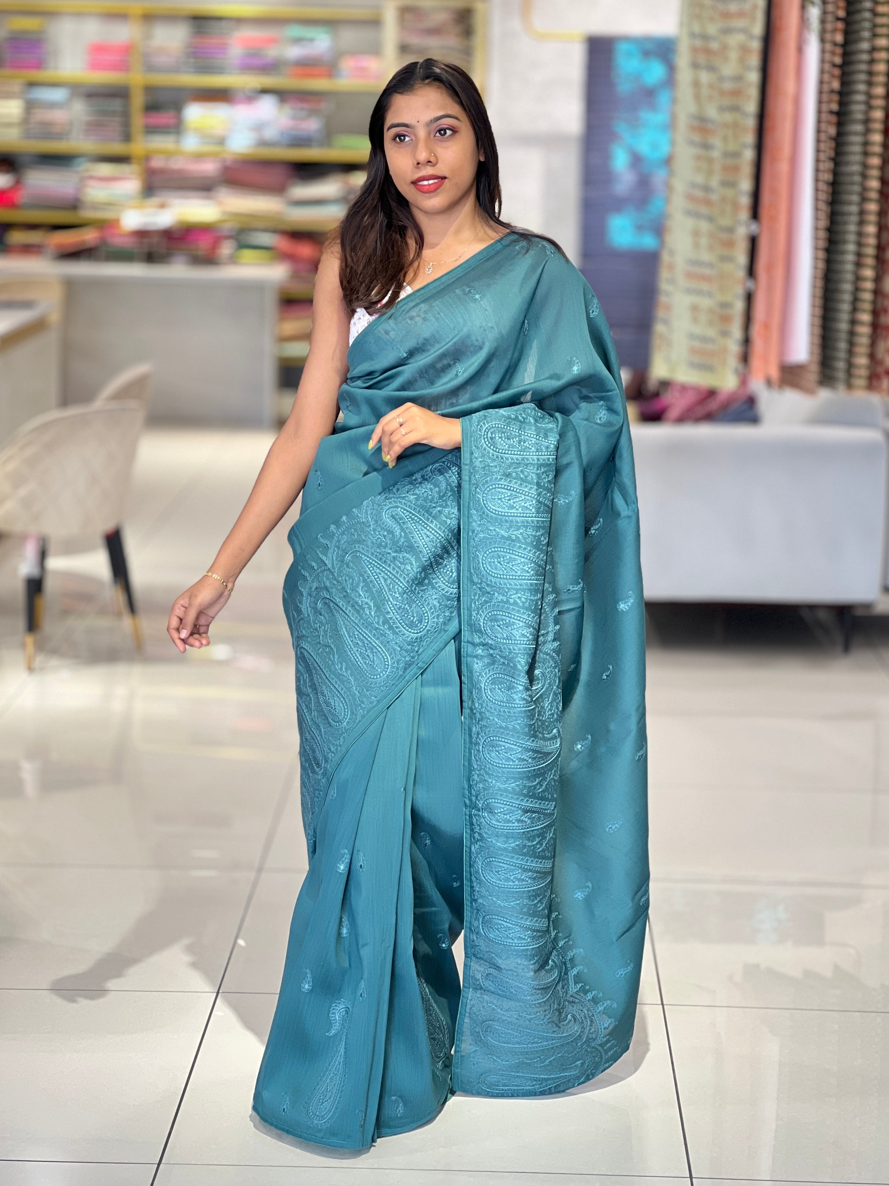 Paisley Embroidered Semi Tussar Saree | ACT976