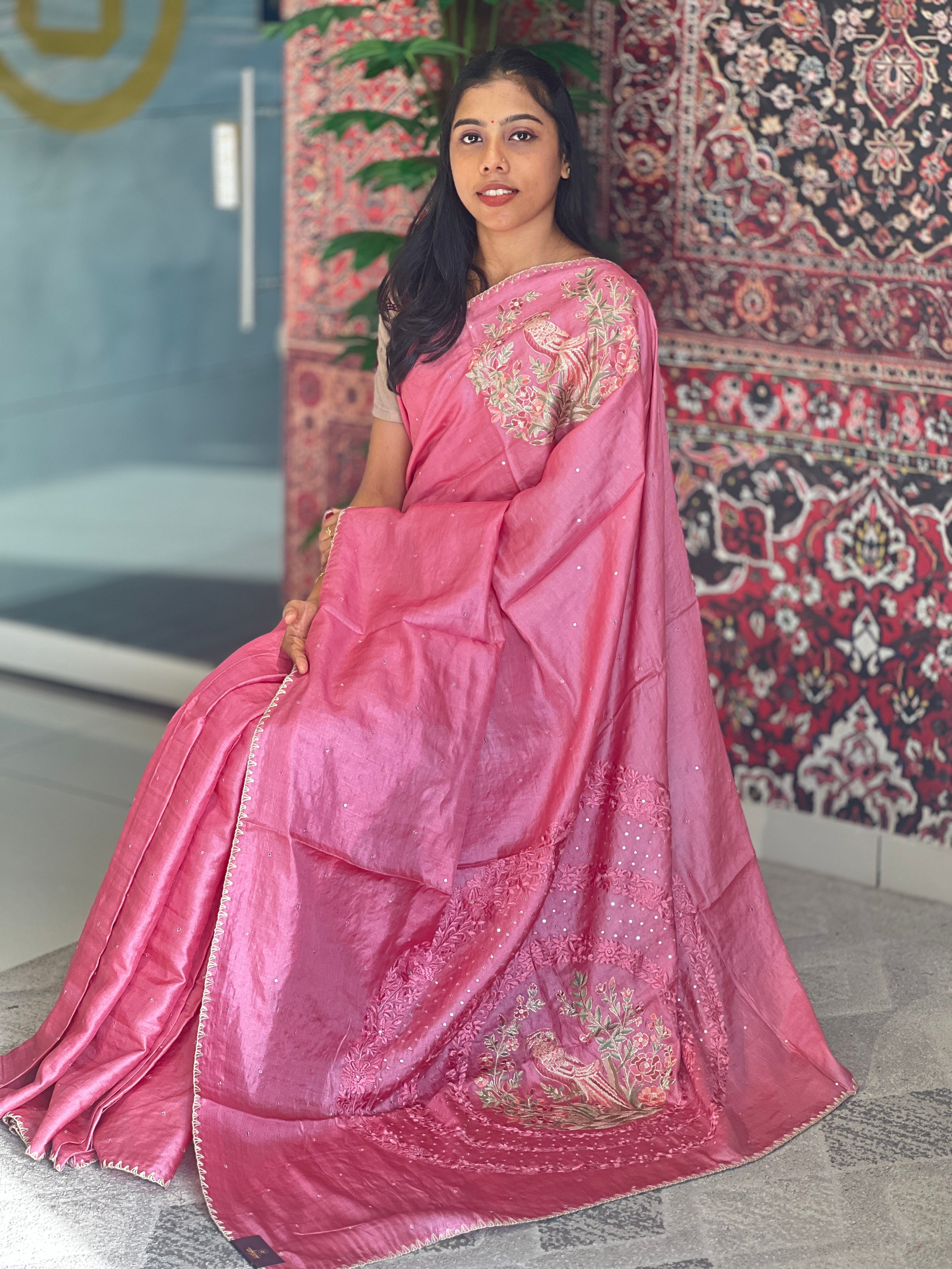 Floral Embroidery With Mirror Detailed Pure Tussar Saree | RGD734