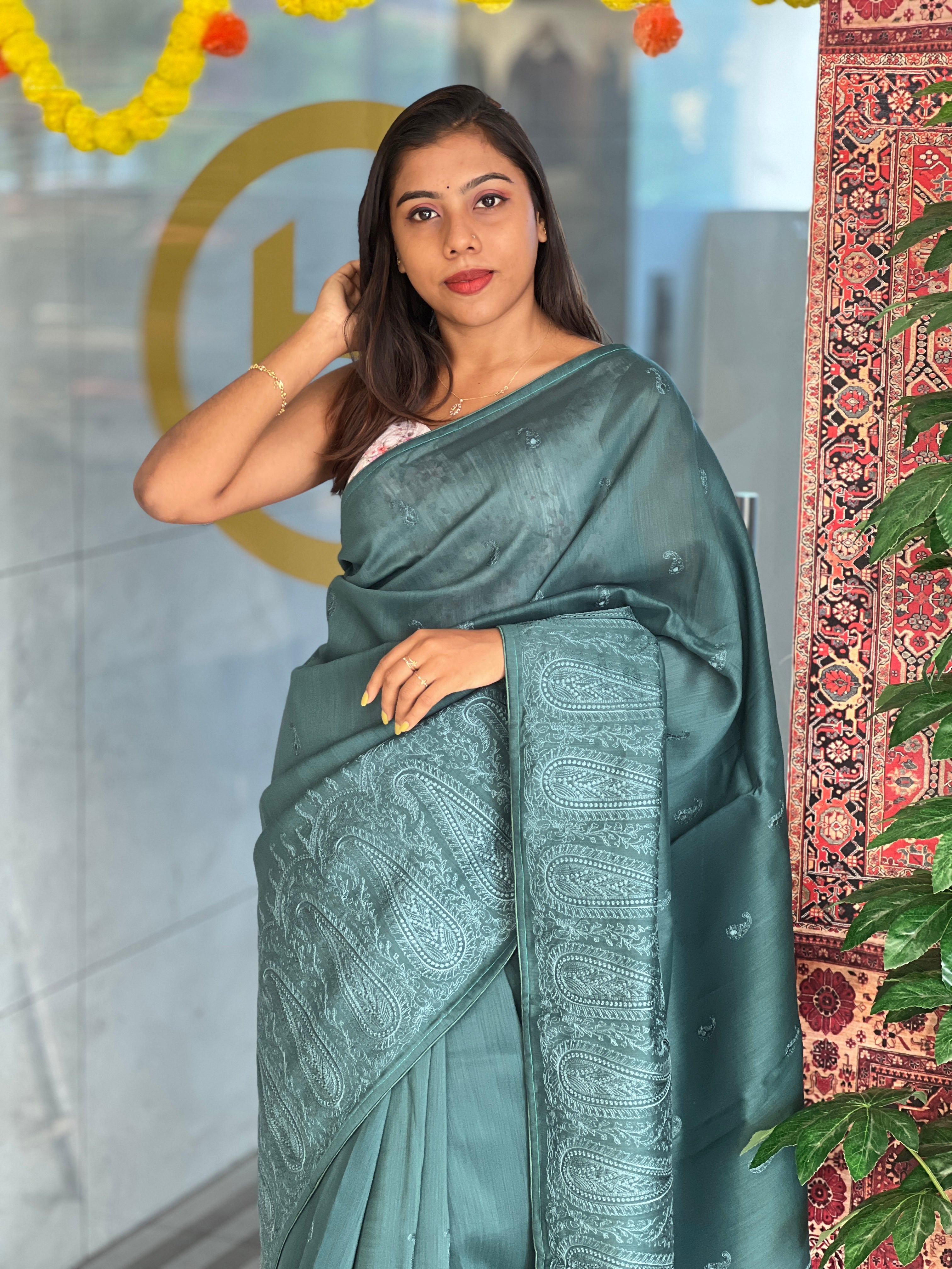 Paisley Embroidered Semi Tussar Saree | ACT976